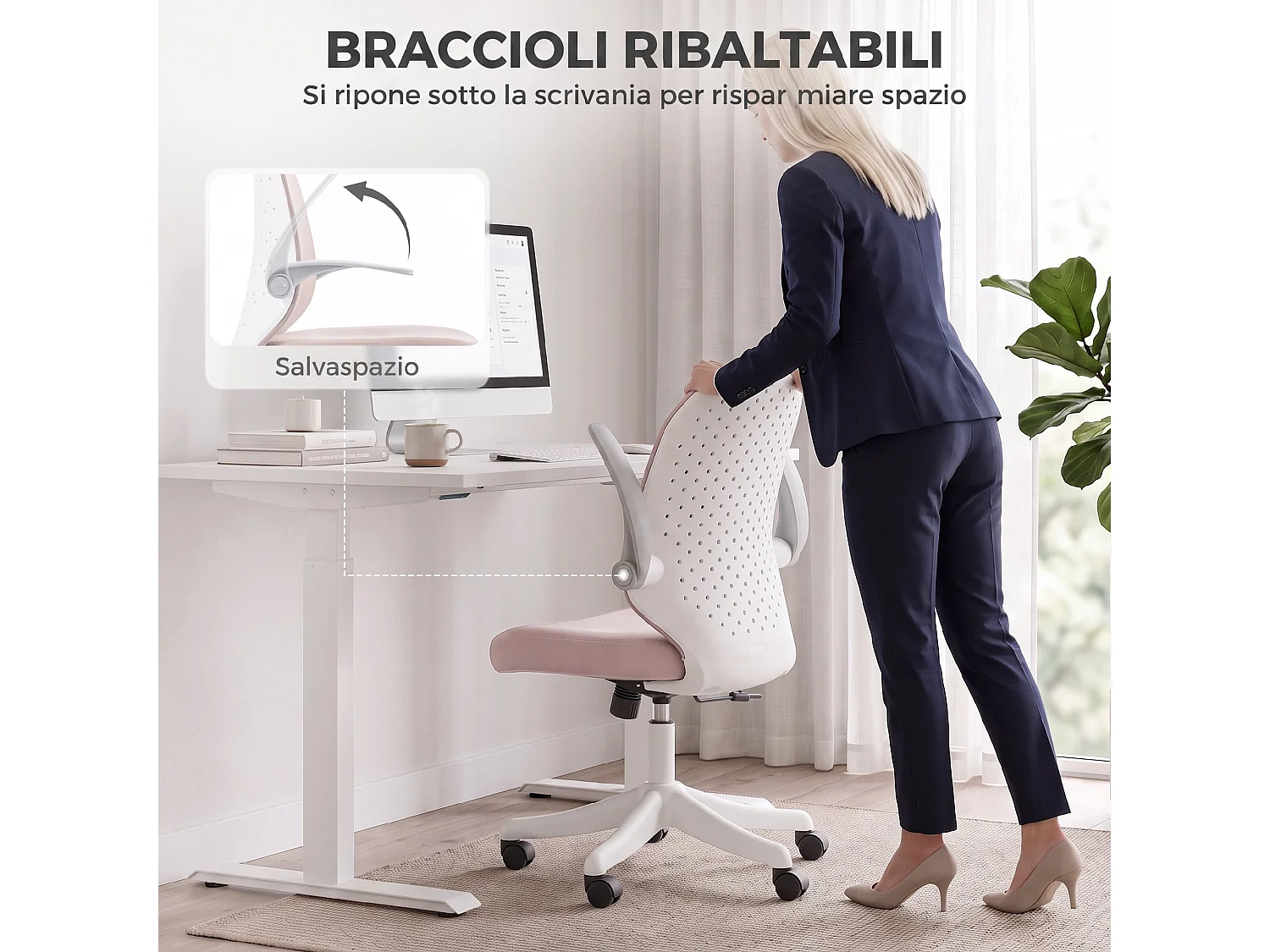 Sedia da ufficio regolabile in altezza in rete rosa e bianco
