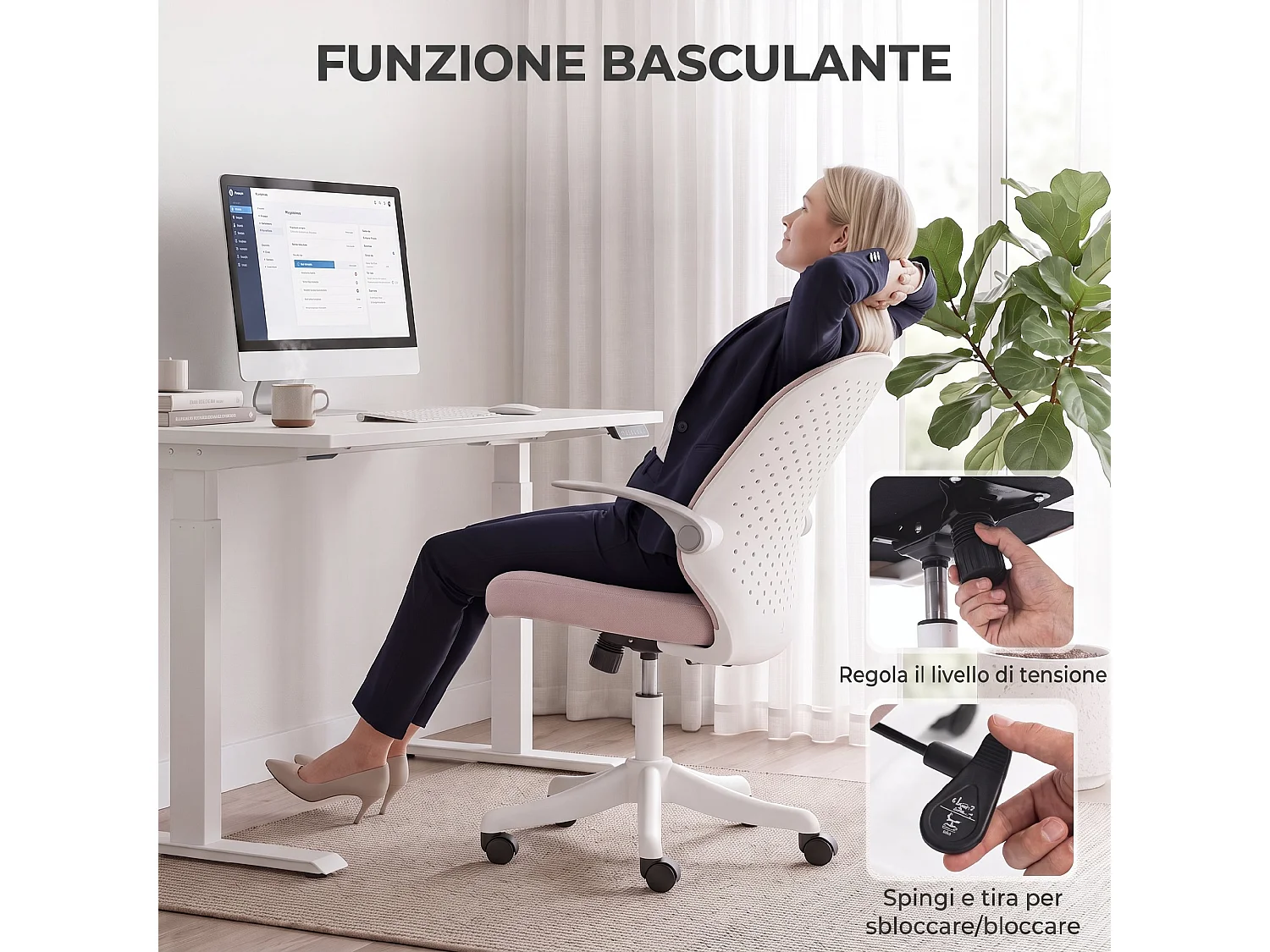 Sedia da ufficio regolabile in altezza in rete rosa e bianco