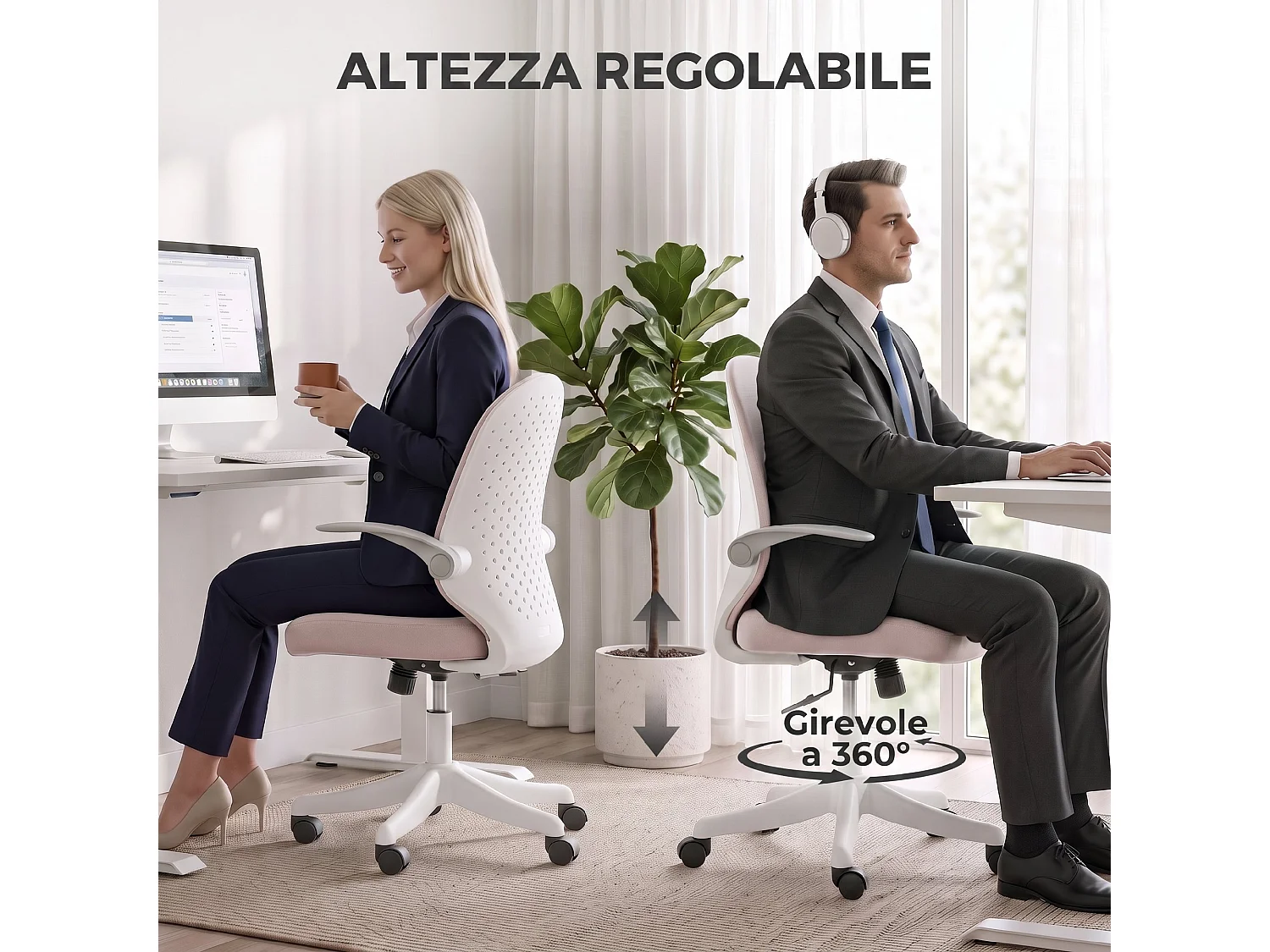 Sedia da ufficio regolabile in altezza in rete rosa e bianco