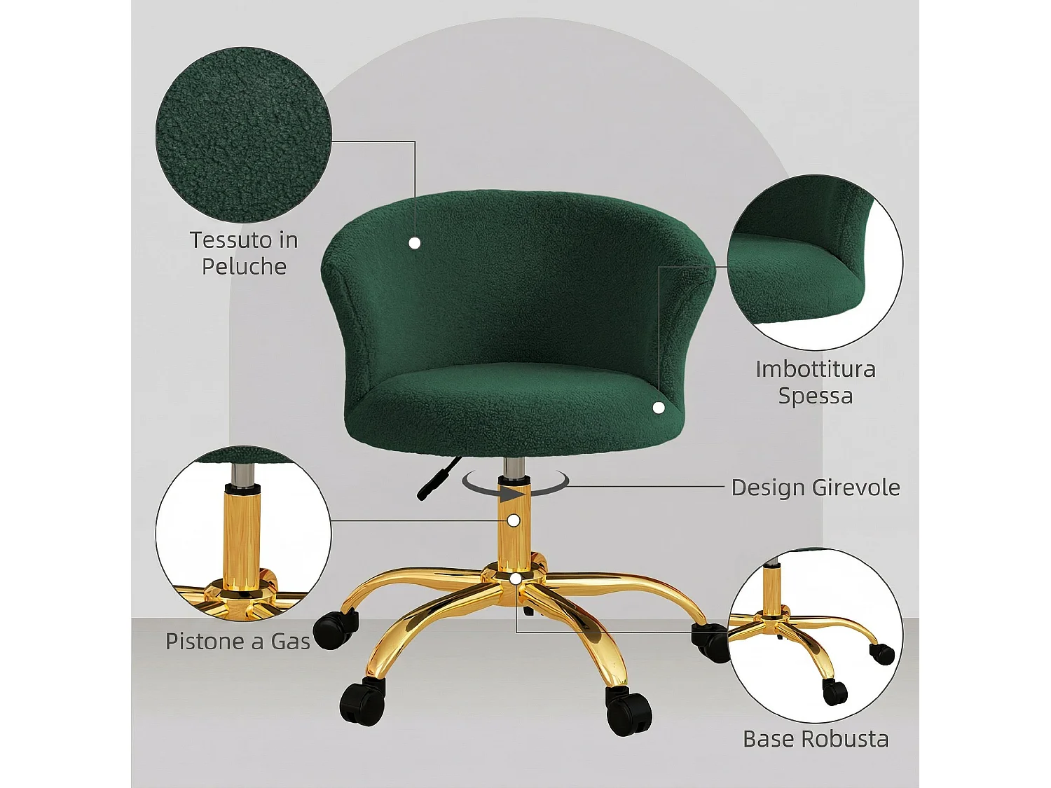 Sedia da ufficio altezza regolabile in velluto teddy verde scuro