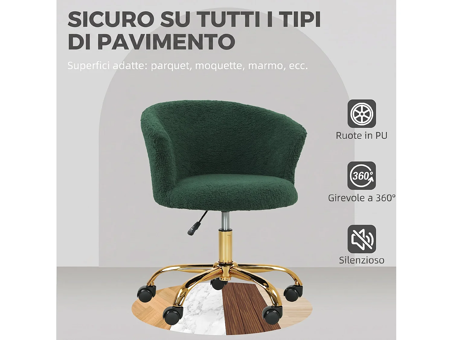 Sedia da ufficio altezza regolabile in velluto teddy verde scuro