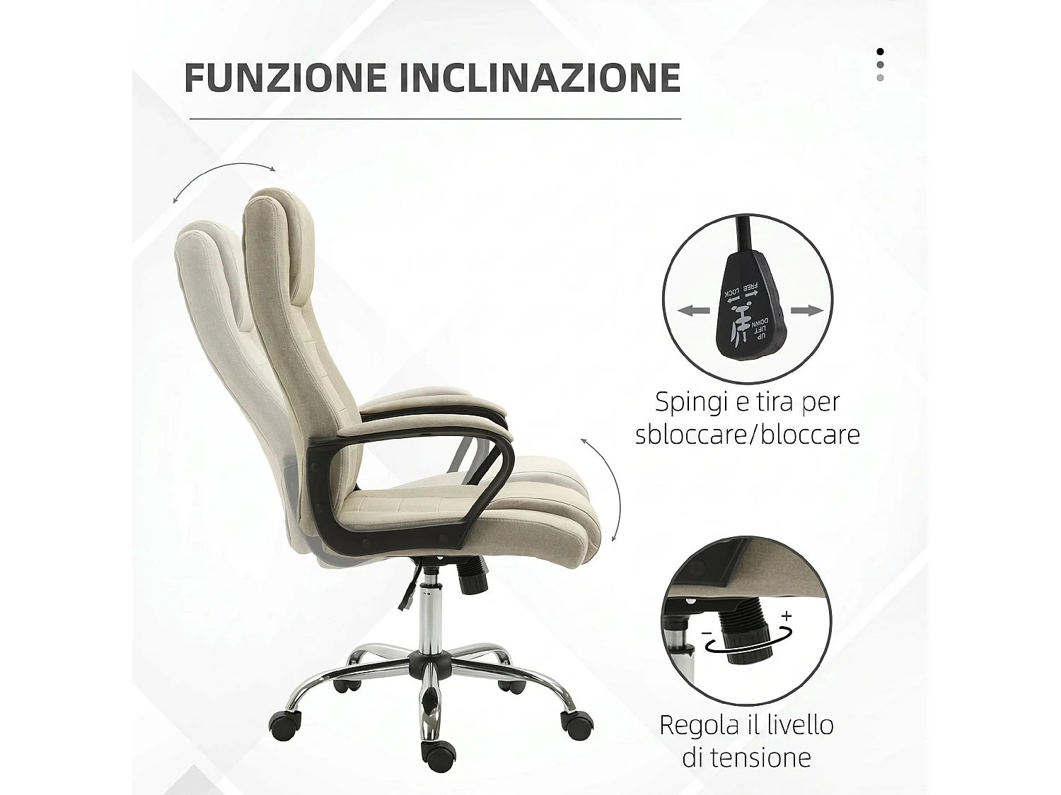 Sedia da ufficio inclinabile girevole in tessuto effetto lino beige
