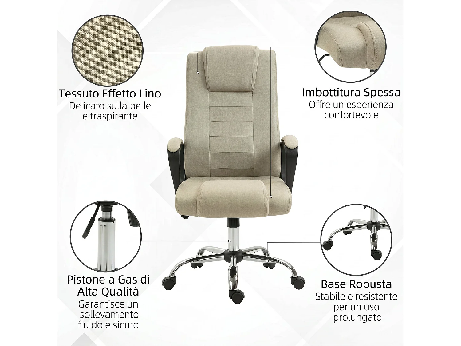 Sedia da ufficio inclinabile girevole in tessuto effetto lino beige