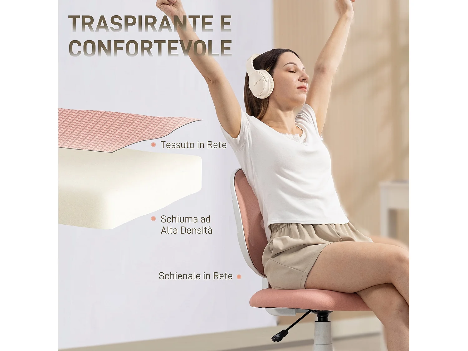Sedia da ufficio girevole in tessuto traspirante a rete rosa