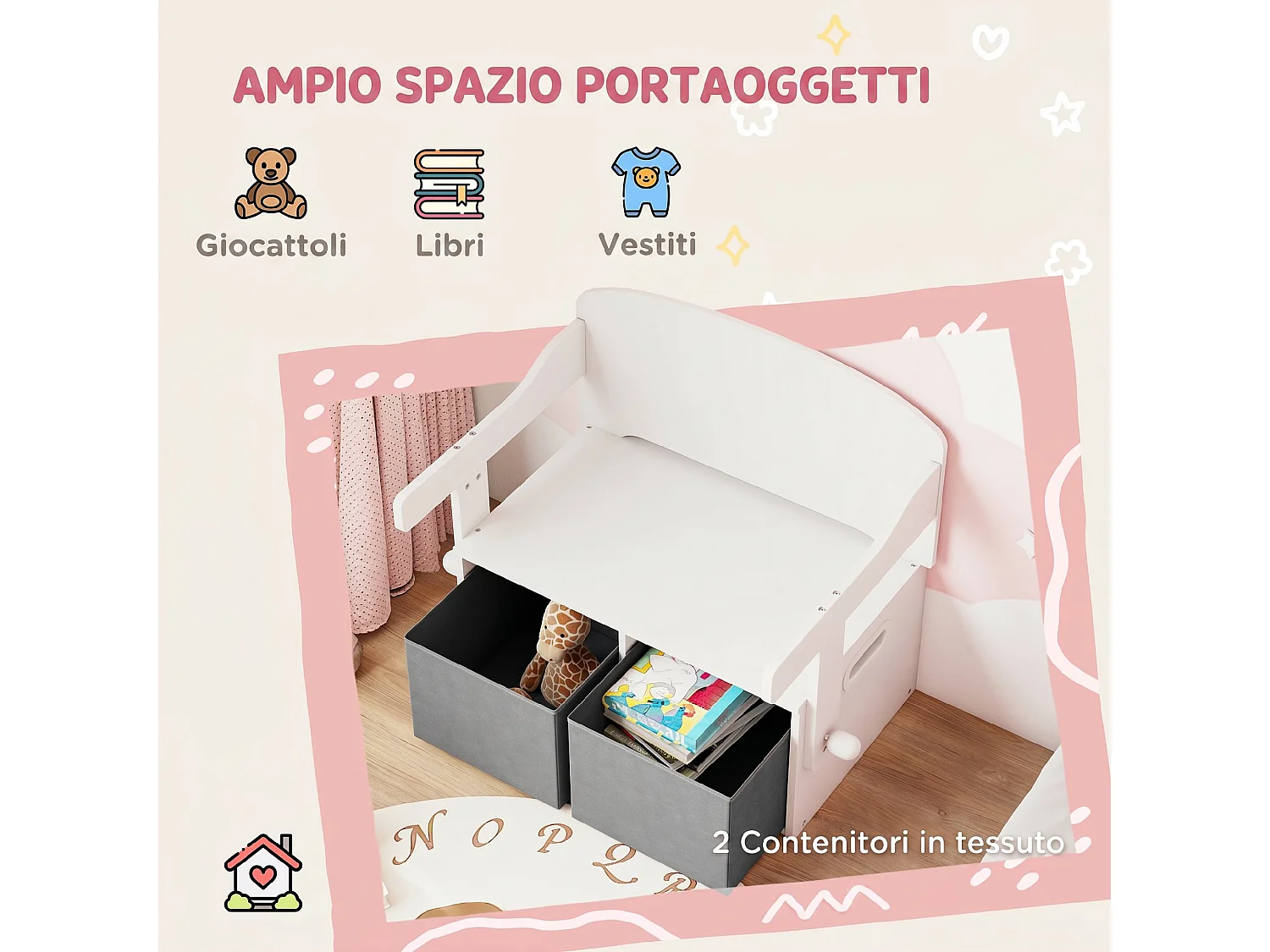 Baule porta giochi convertibile in tavolo e sedia con 2 contenitori