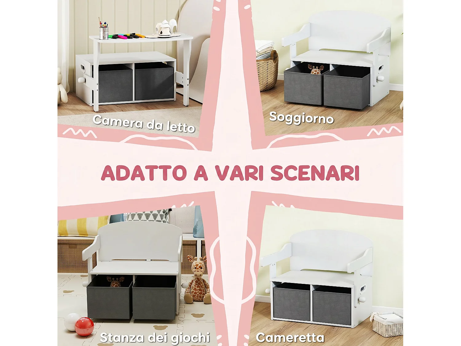 Baule porta giochi convertibile in tavolo e sedia con 2 contenitori