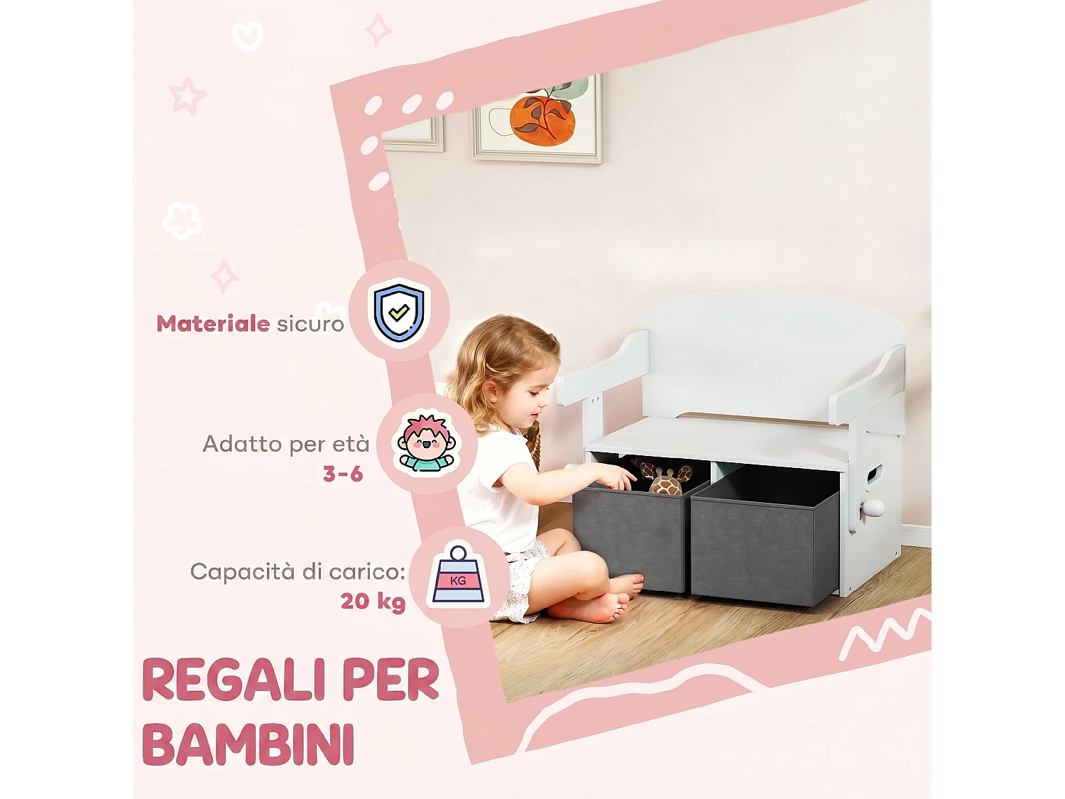 Baule porta giochi convertibile in tavolo e sedia con 2 contenitori