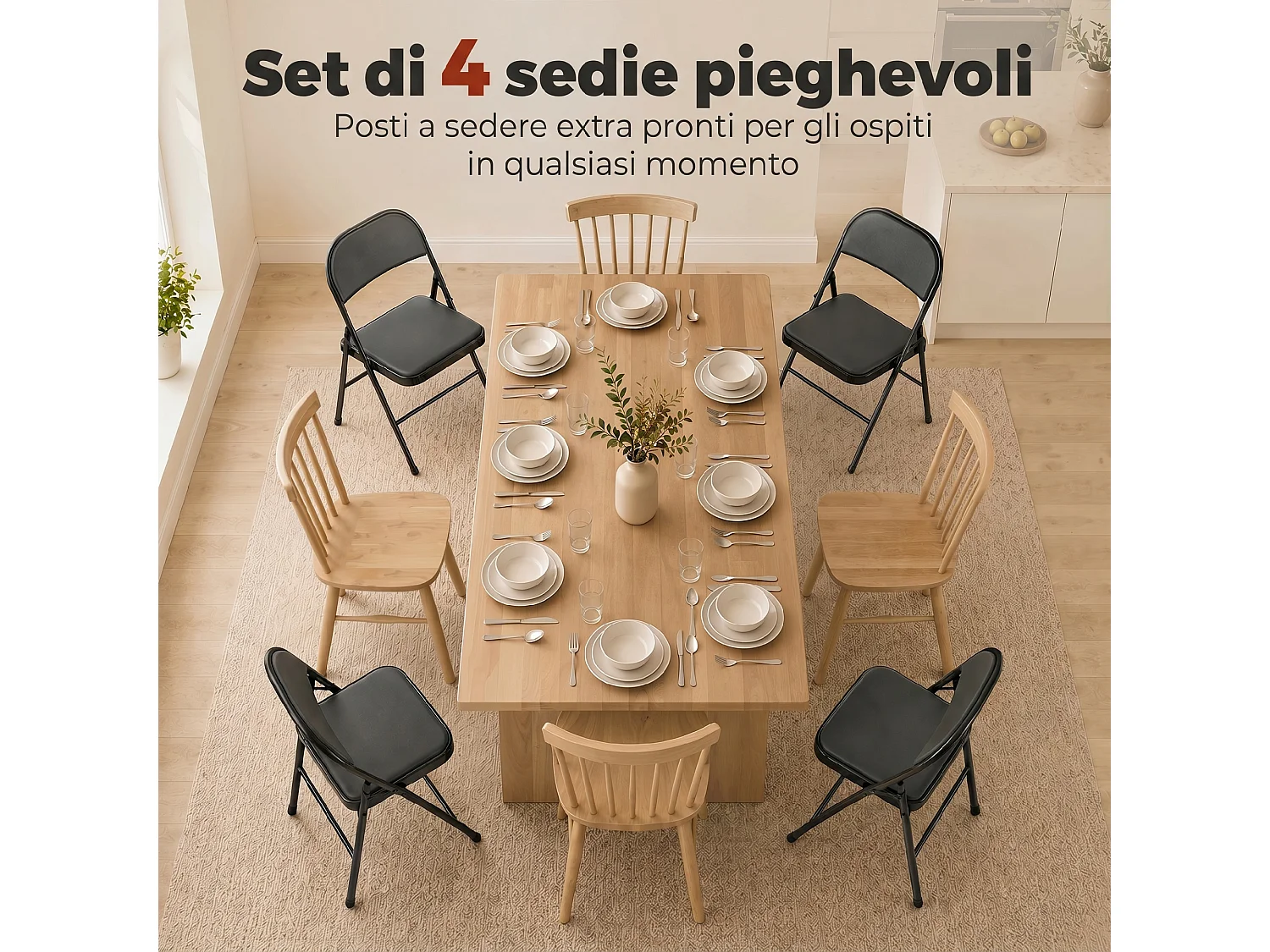Set 4 sedie pieghevoli imbottite in finta pelle e metallo nero