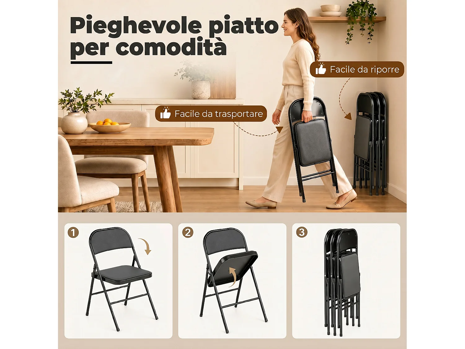 Set 4 sedie pieghevoli imbottite in finta pelle e metallo nero
