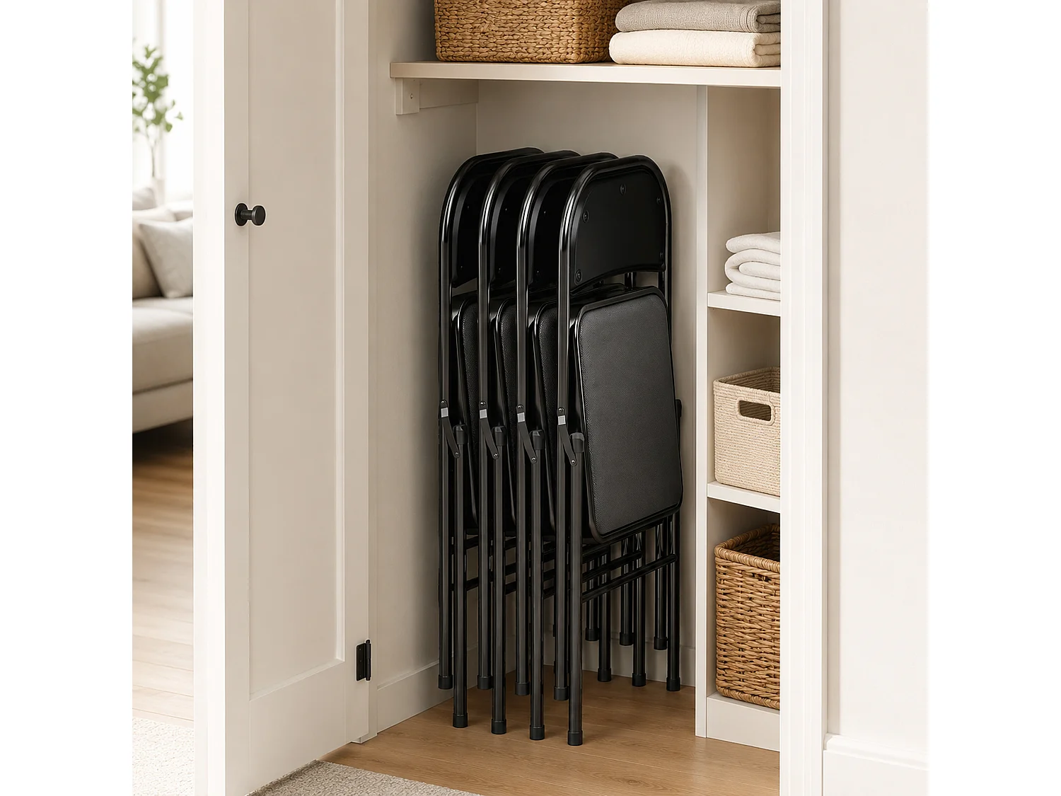 Set 4 sedie pieghevoli imbottite in finta pelle e metallo nero