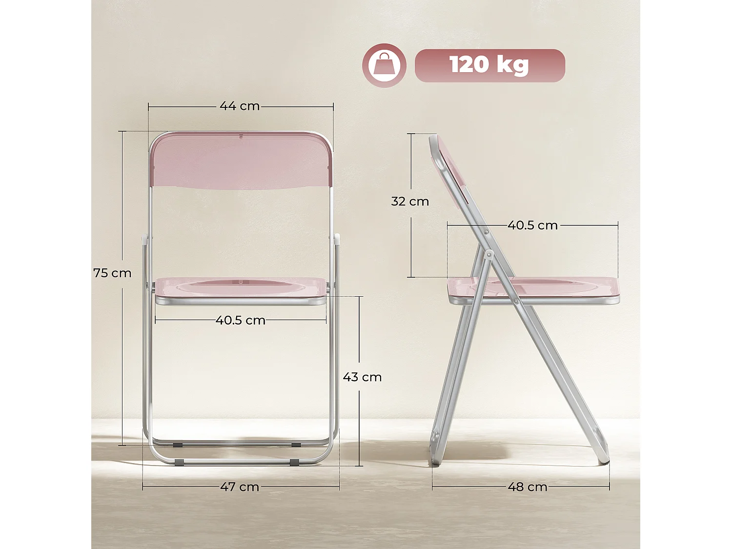 Set da 4 sedie pieghevoli in acrilico trasparenti, rosa