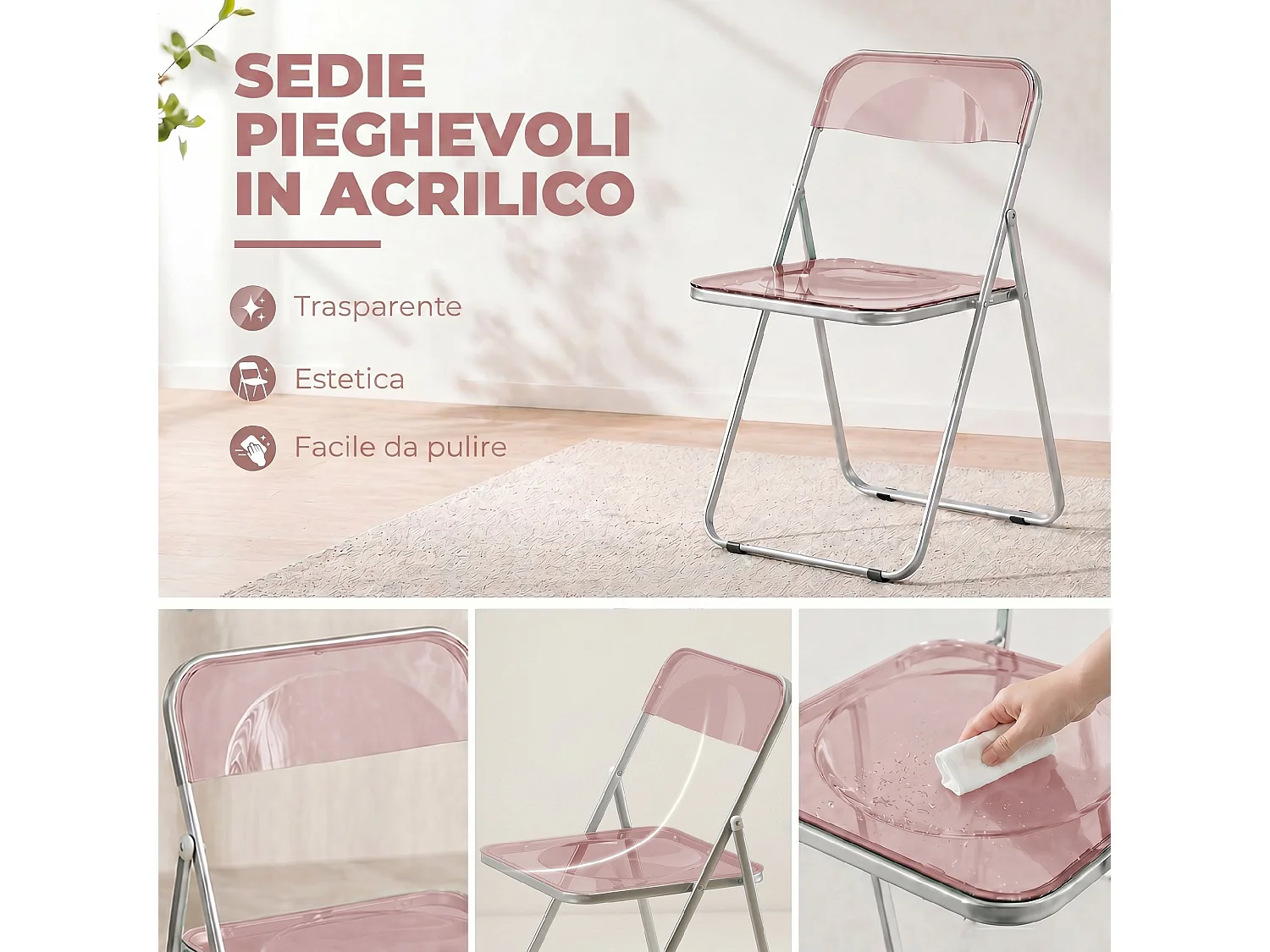Set da 4 sedie pieghevoli in acrilico trasparenti, rosa