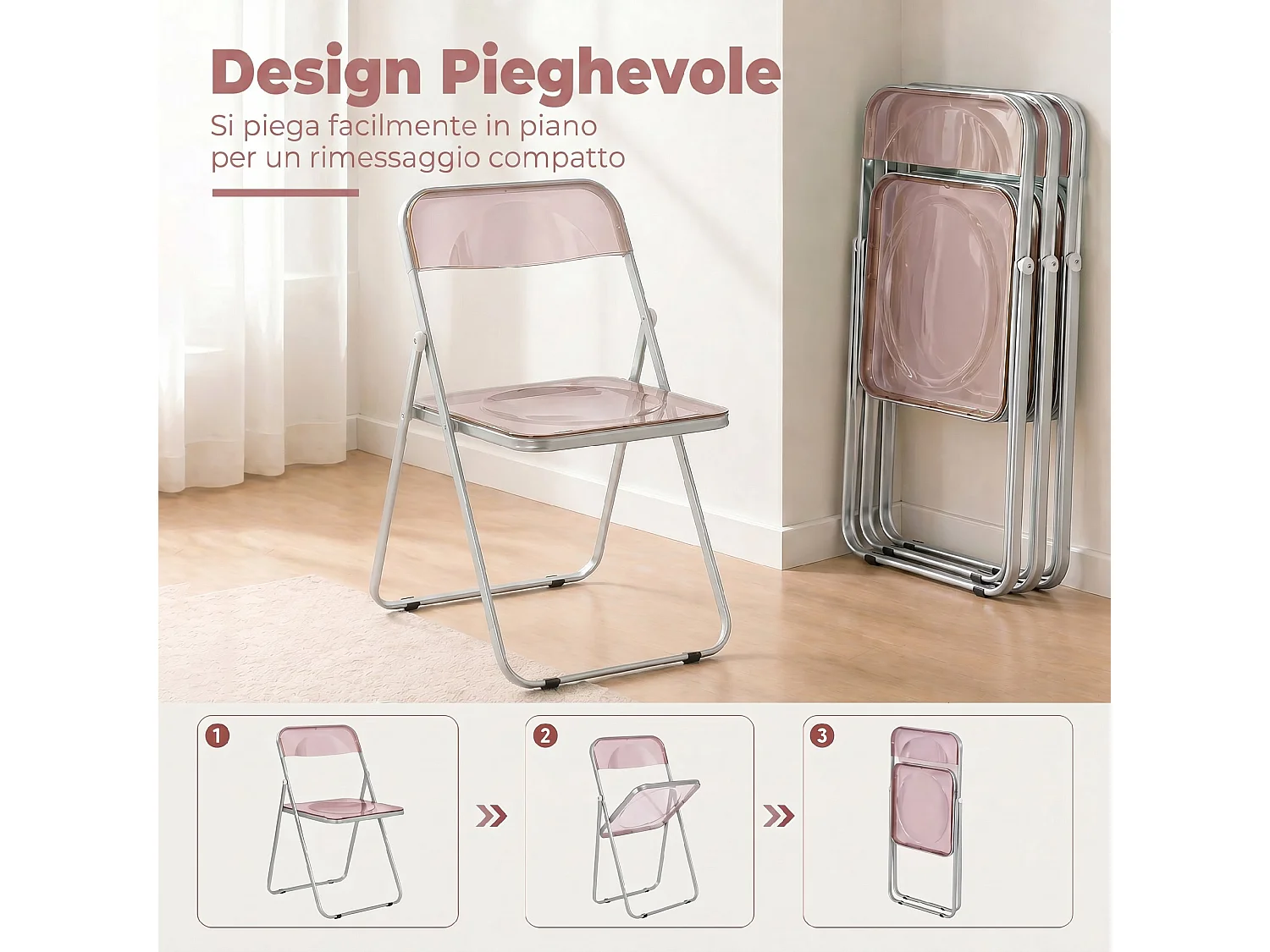 Set da 4 sedie pieghevoli in acrilico trasparenti, rosa