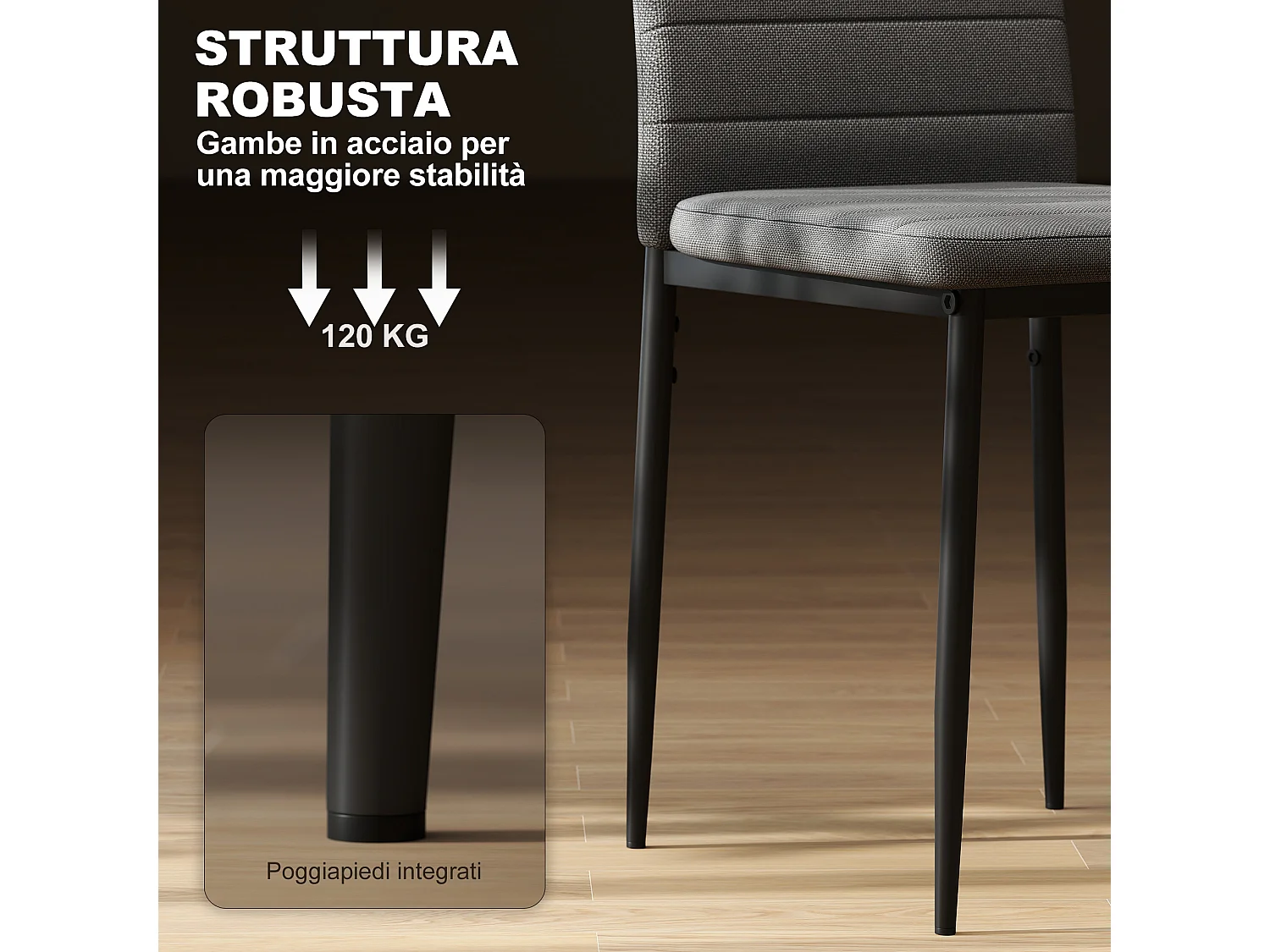 Set 6 sedie imbottite per soggiorno o sala da pranzo, grigio