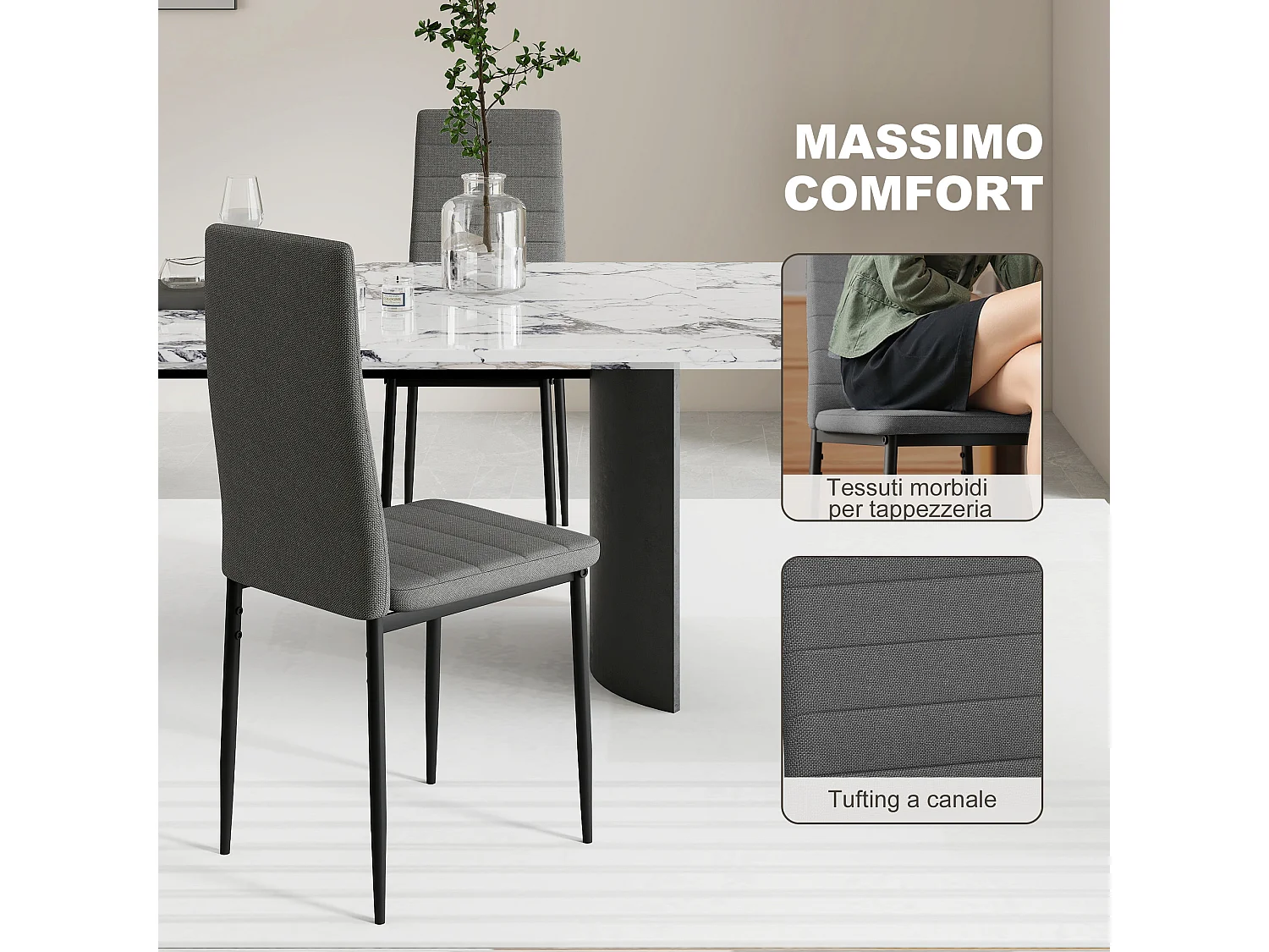 Set 6 sedie imbottite per soggiorno o sala da pranzo, grigio