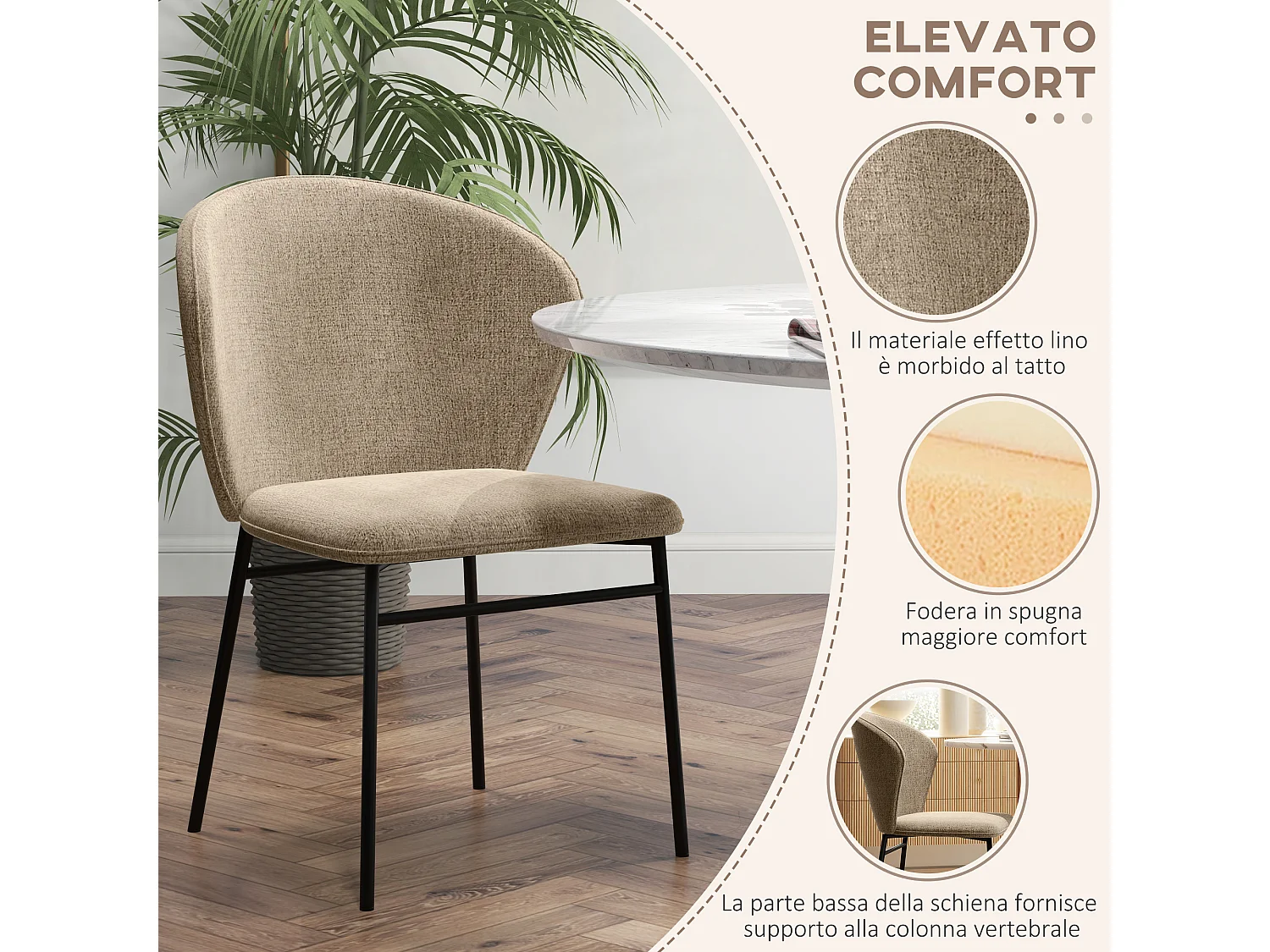 Set sedie da pranzo in acciaio e tessuto effetto lino marrone chiaro