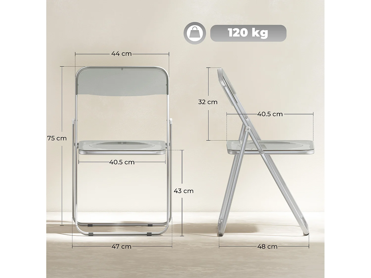 Set da 4 sedie pieghevoli in acrilico trasparenti, grigio