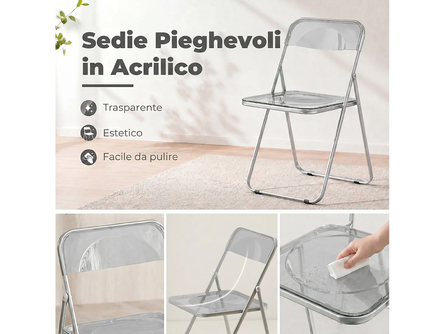 Set da 4 sedie pieghevoli in acrilico trasparenti, grigio