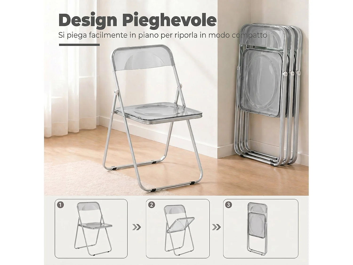 Set da 4 sedie pieghevoli in acrilico trasparenti, grigio