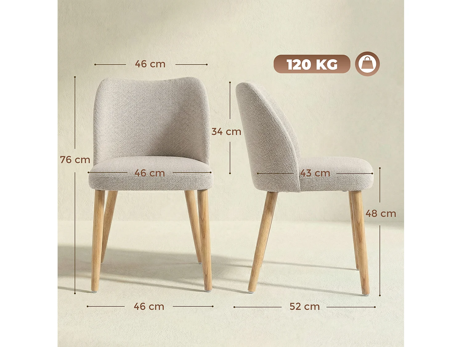 Set 2 sedie da pranzo in tessuto effetto lino e legno crema