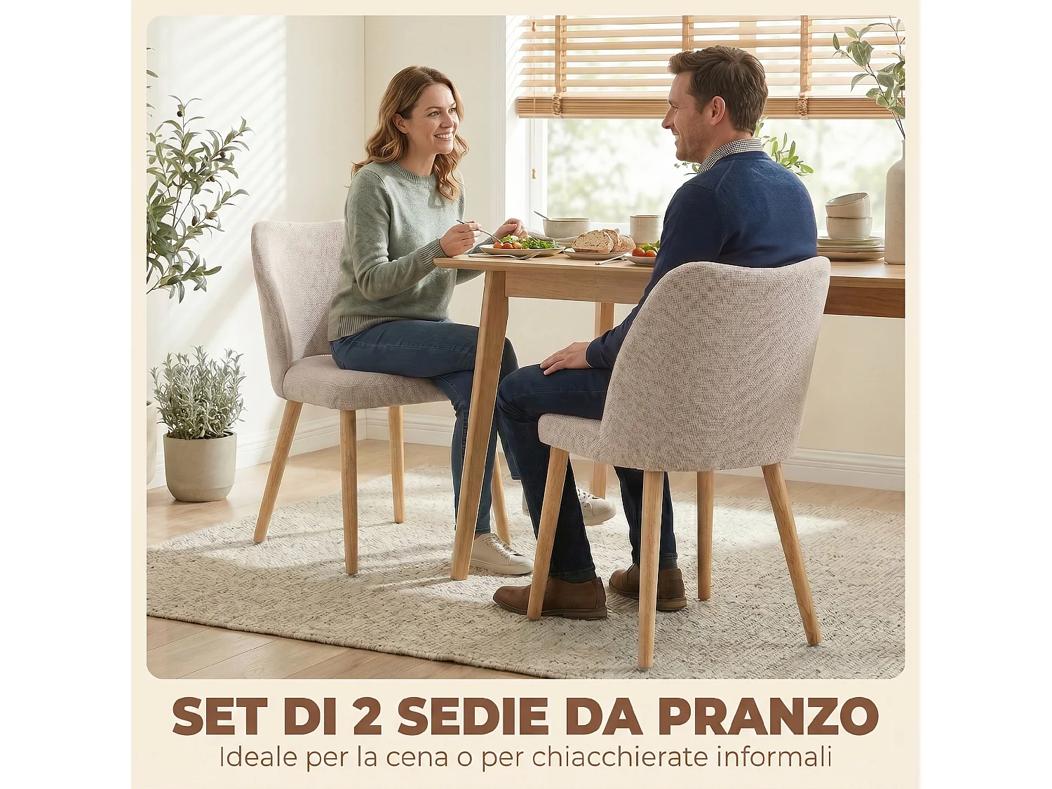 Set 2 sedie da pranzo in tessuto effetto lino e legno crema