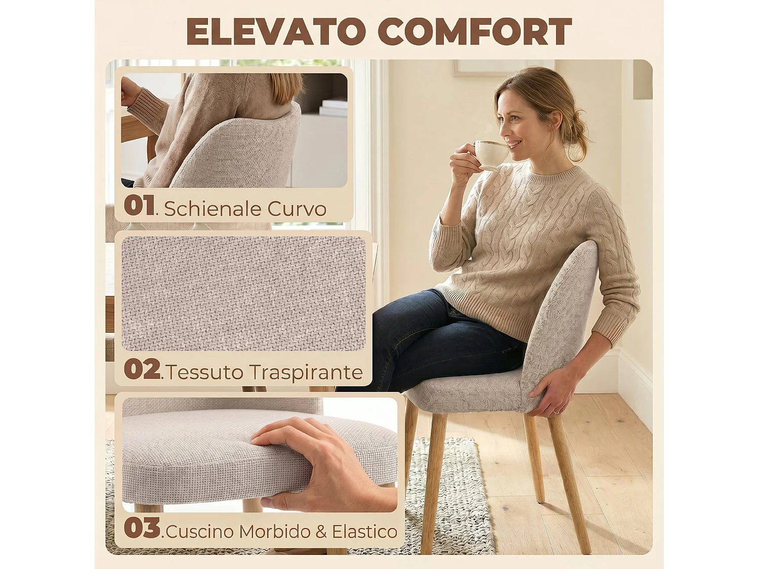 Set 2 sedie da pranzo in tessuto effetto lino e legno crema