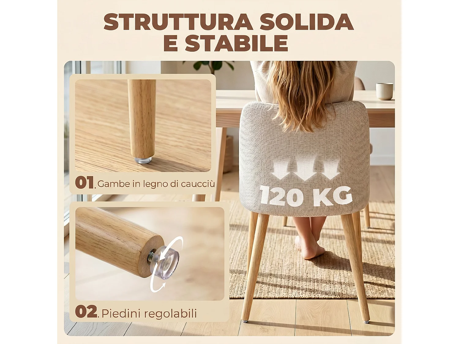 Set 2 sedie da pranzo in tessuto effetto lino e legno crema