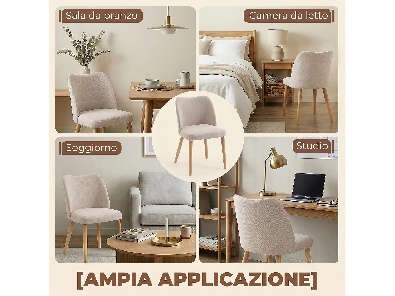 Set 2 sedie da pranzo in tessuto effetto lino e legno crema