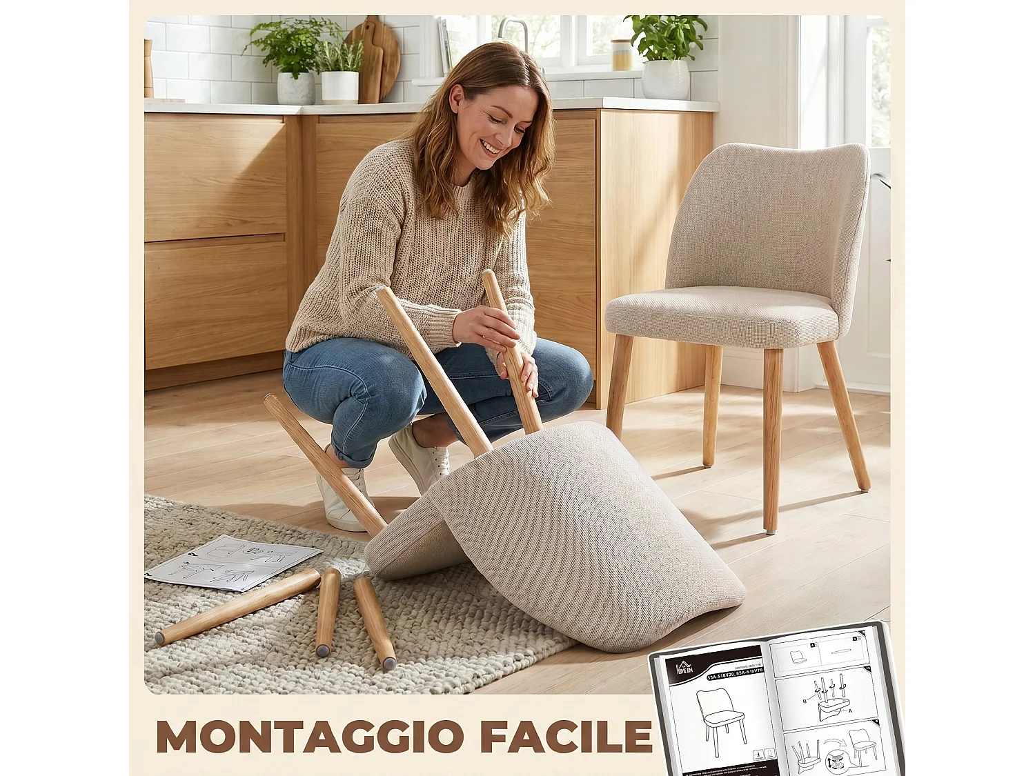 Set 2 sedie da pranzo in tessuto effetto lino e legno crema