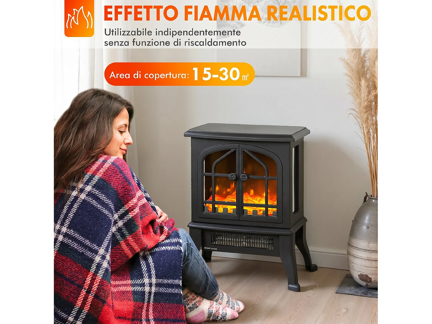 Caminetto elettrico da terra con fiamma 3D in plastica e vetro nero