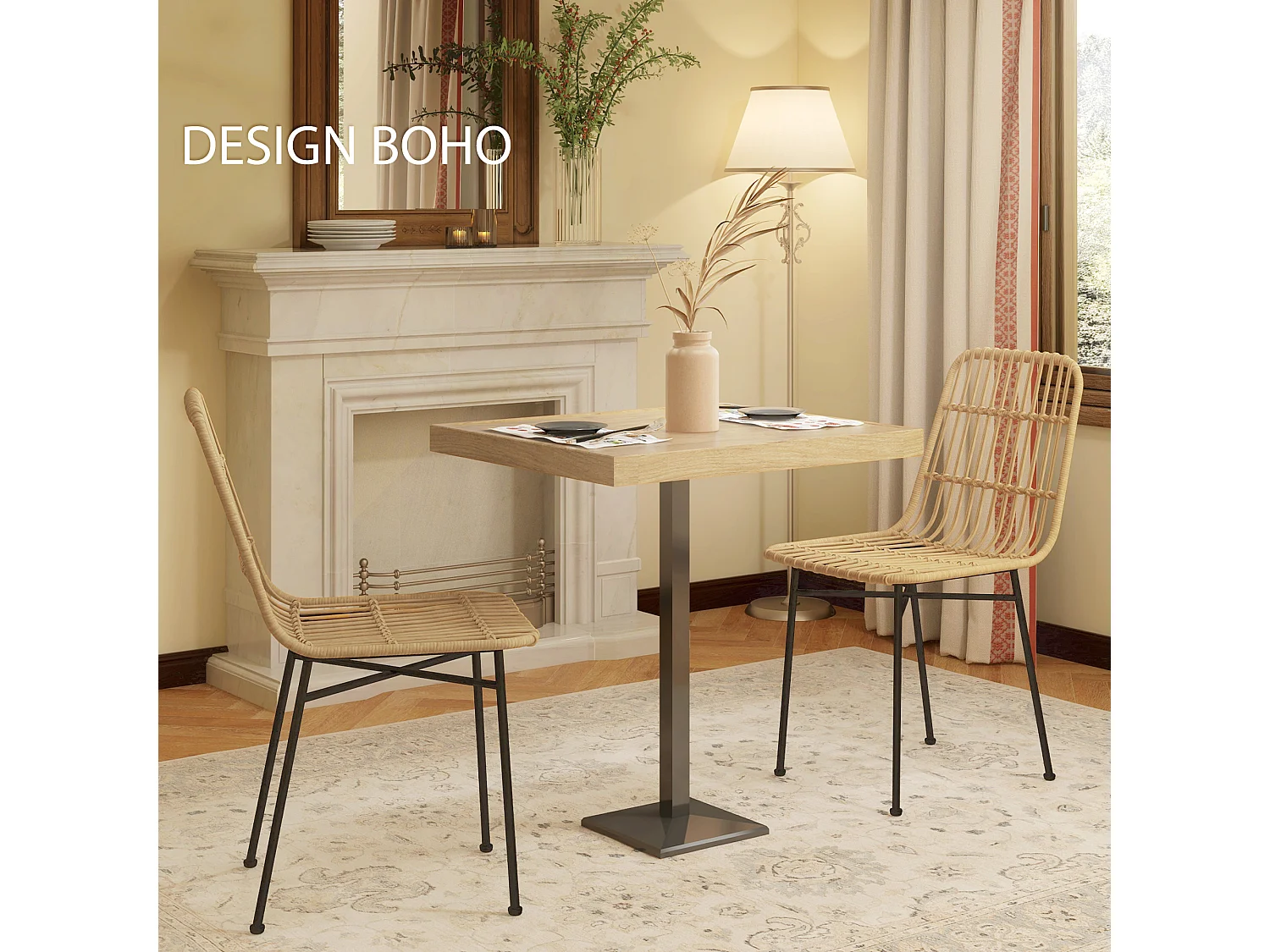 Set 2 sedie per cucina stile boho in rattan pe e acciaio giallo