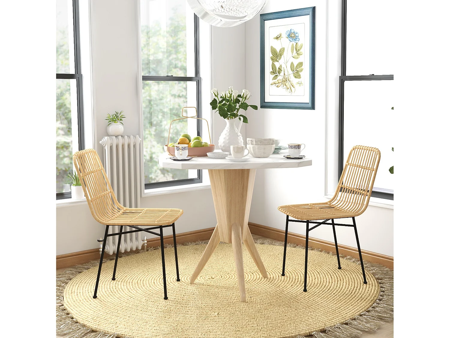 Set 2 sedie per cucina stile boho in rattan pe e acciaio giallo