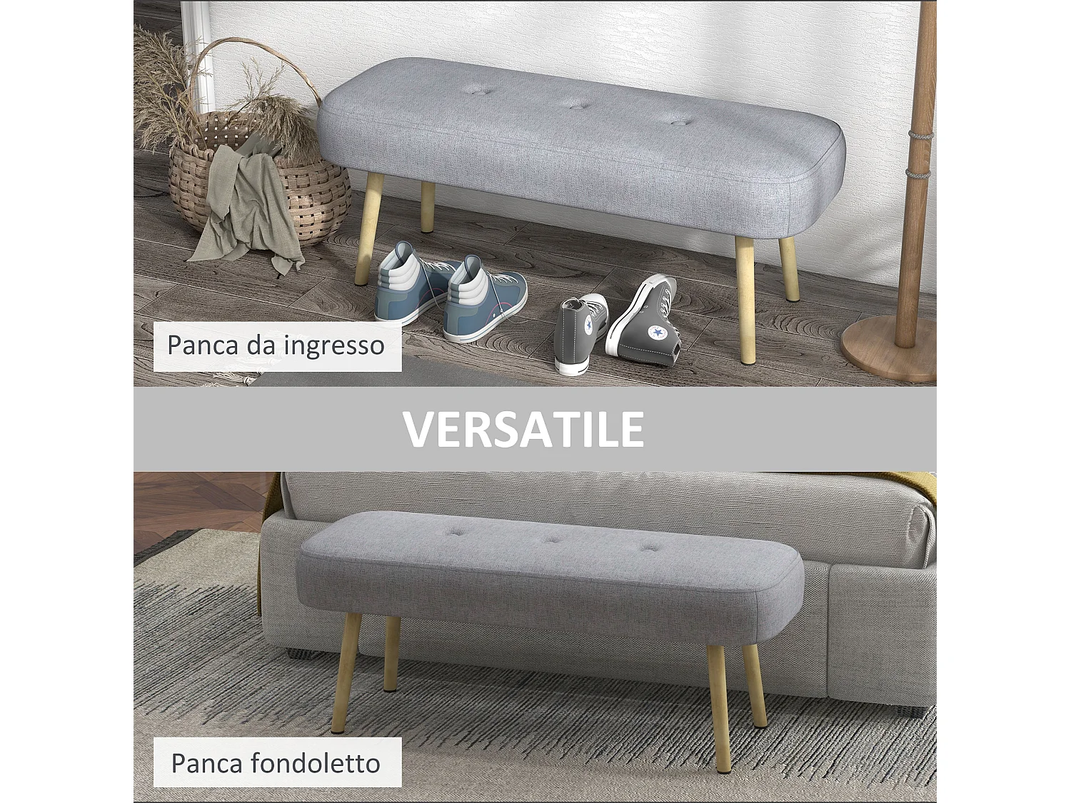 Panca imbottita fondo letto in tessuto grigio e gambe acciaio