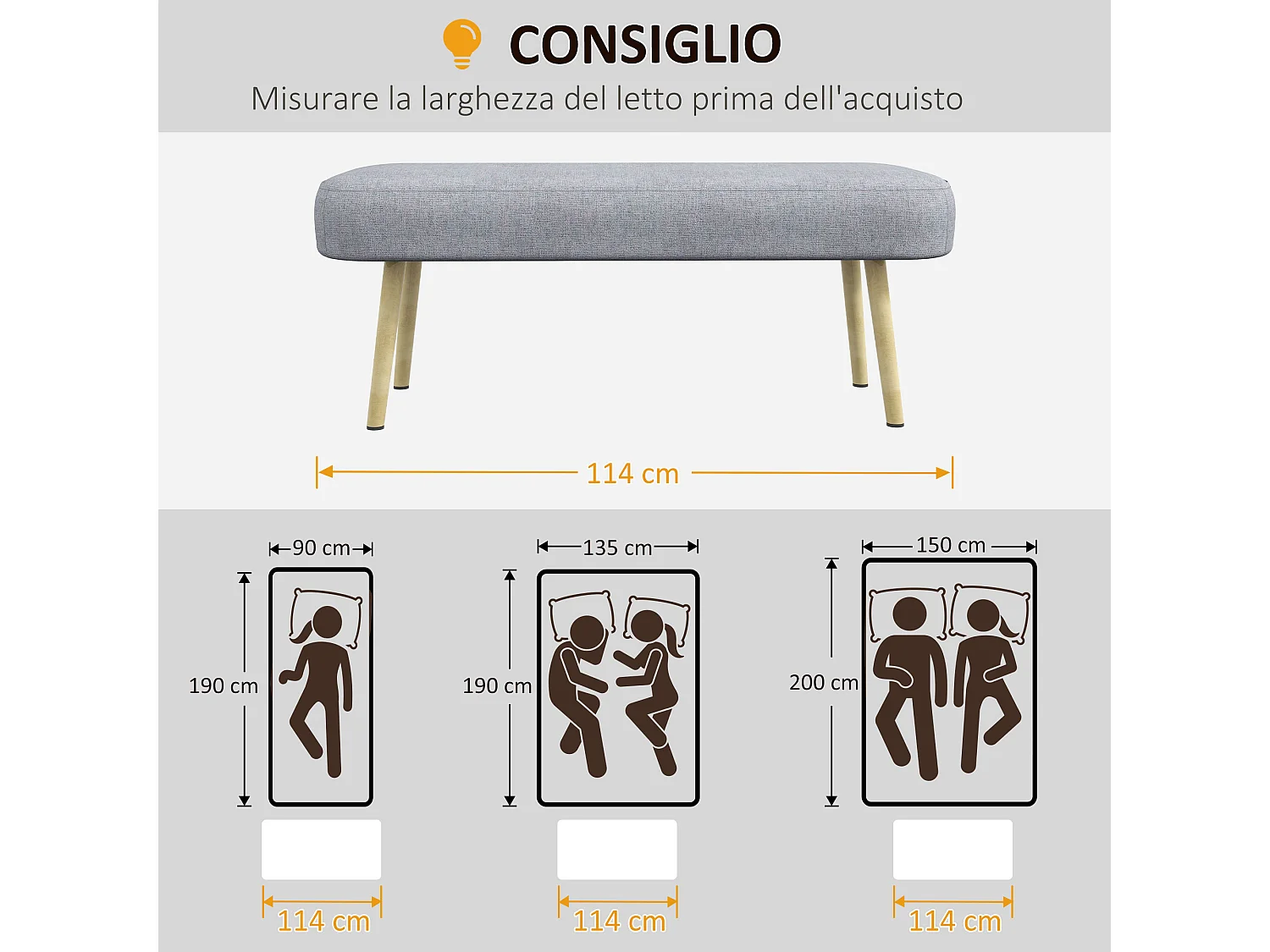 Panca imbottita fondo letto in tessuto grigio e gambe acciaio