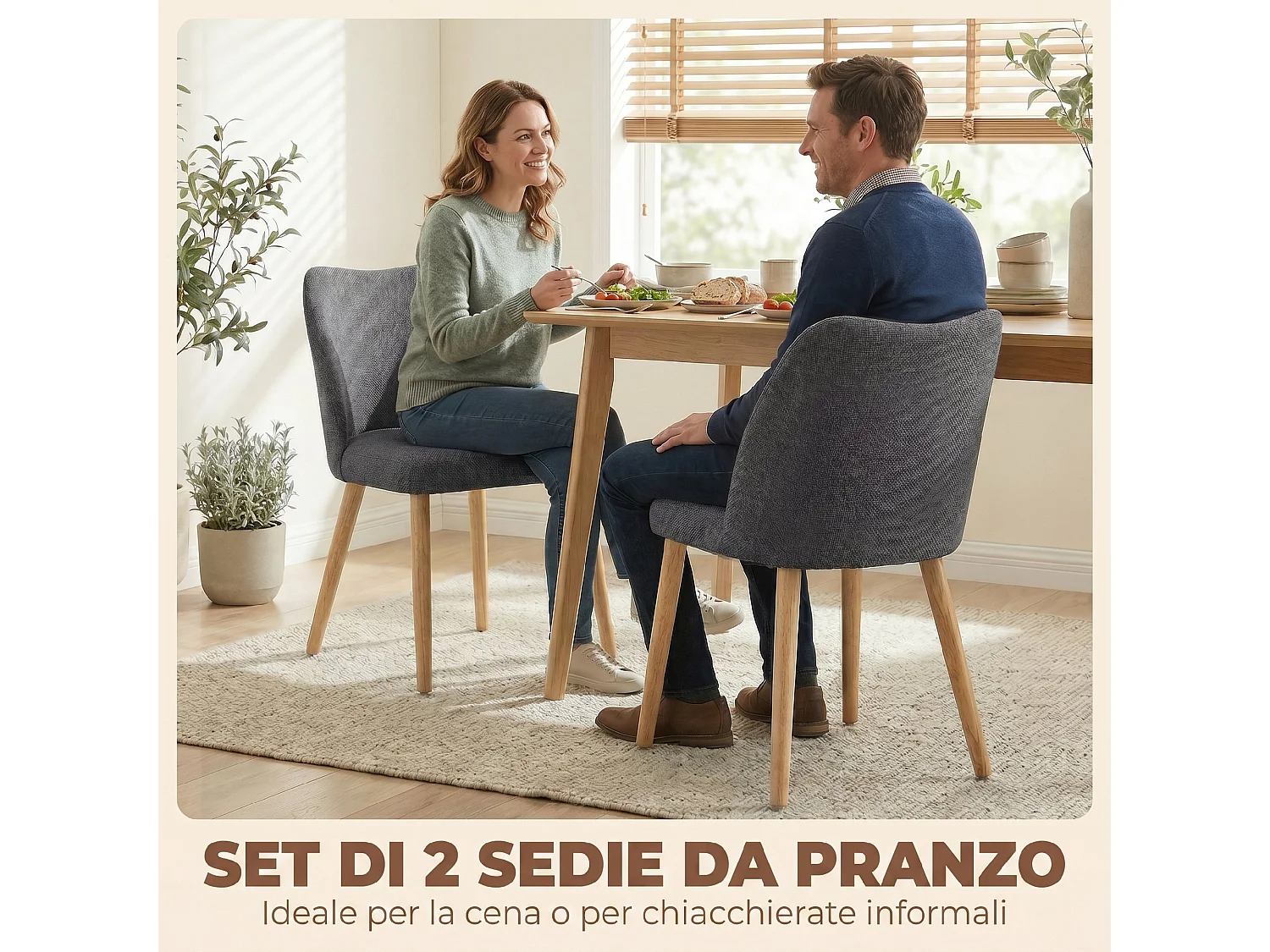 Set 2 sedie moderne con schienale curvo in lino grigio chiaro