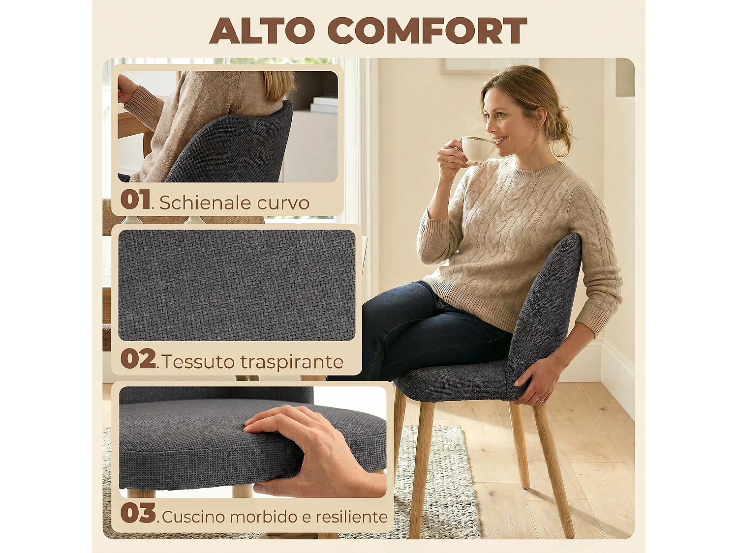 Set 2 sedie moderne con schienale curvo in lino grigio chiaro