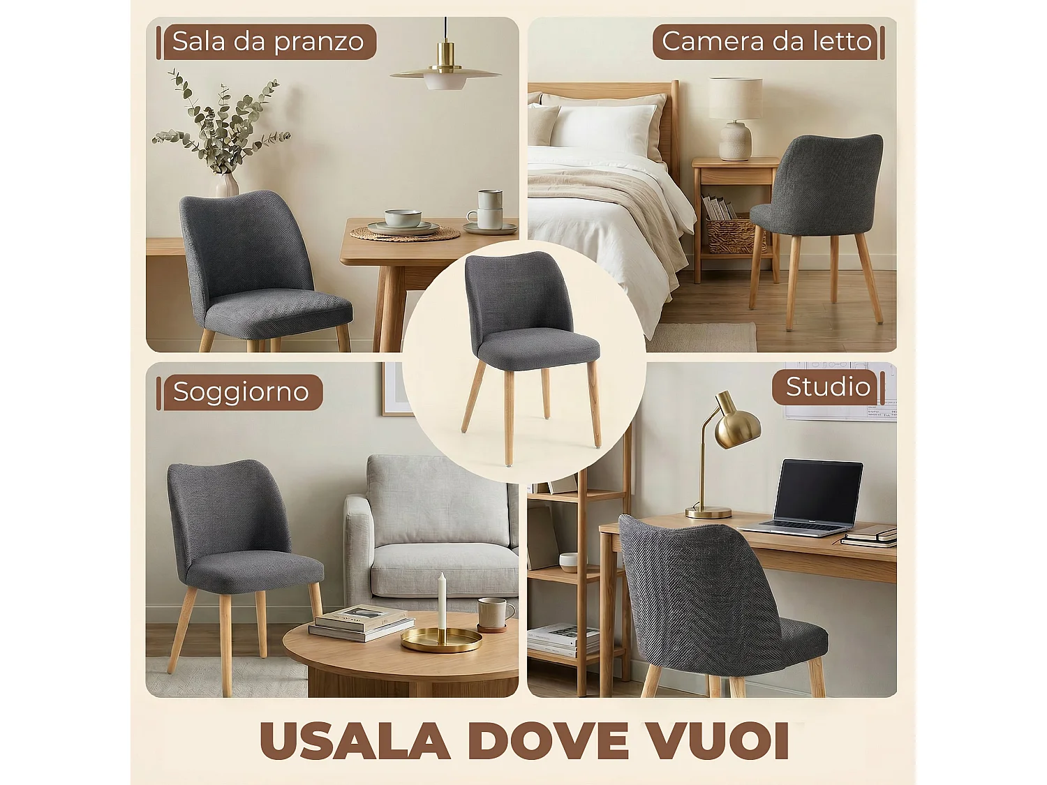 Set 2 sedie moderne con schienale curvo in lino grigio chiaro