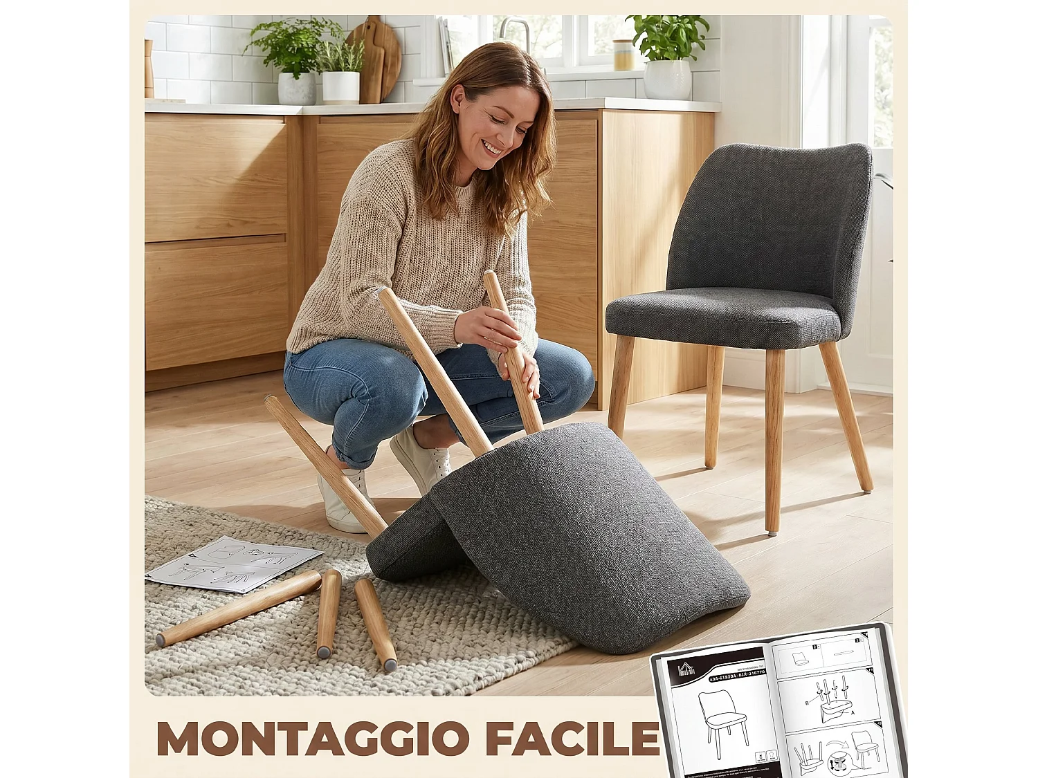 Set 2 sedie moderne con schienale curvo in lino grigio chiaro