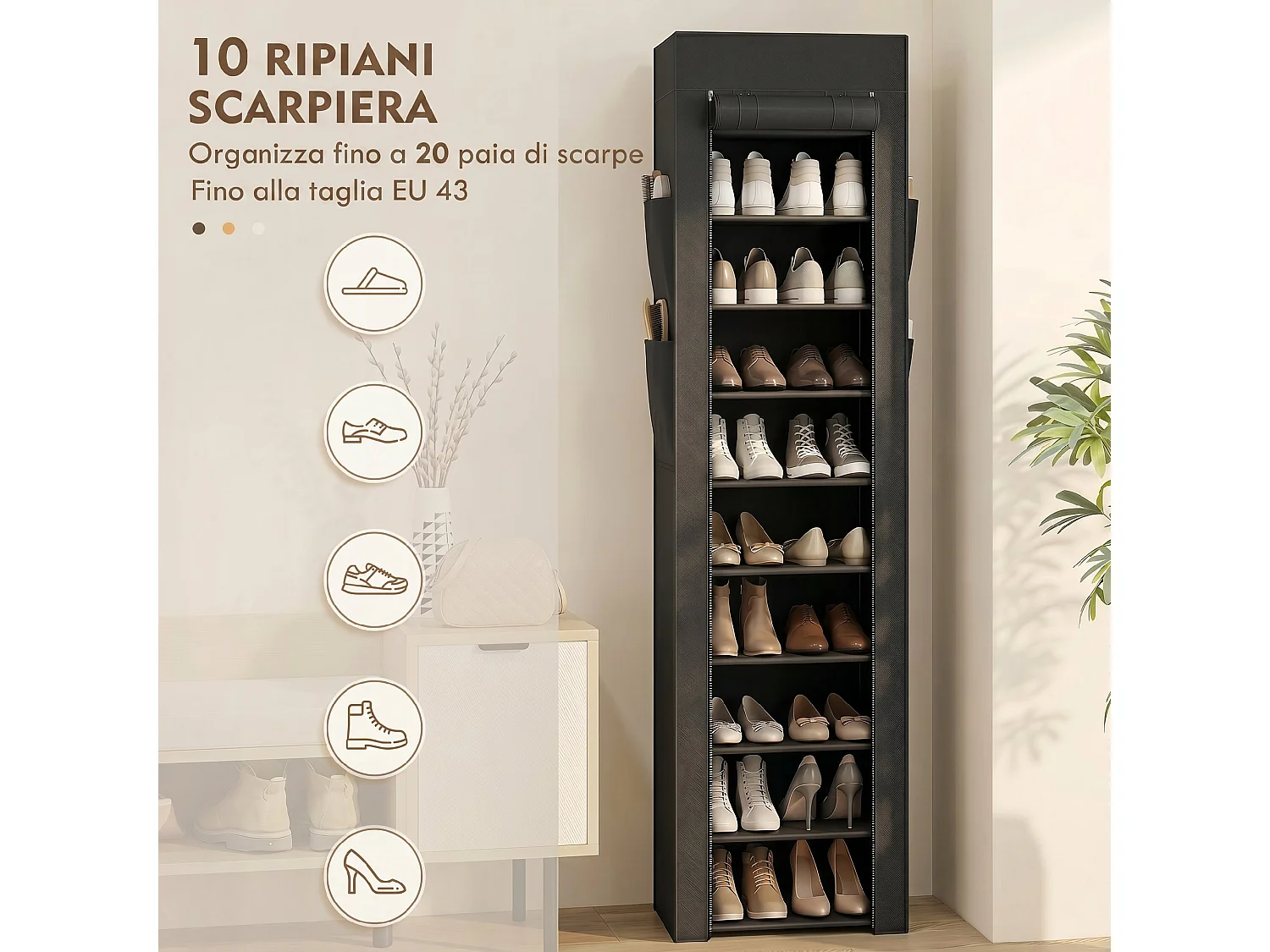 Scarpiera con 10 ripiani in metallo nero