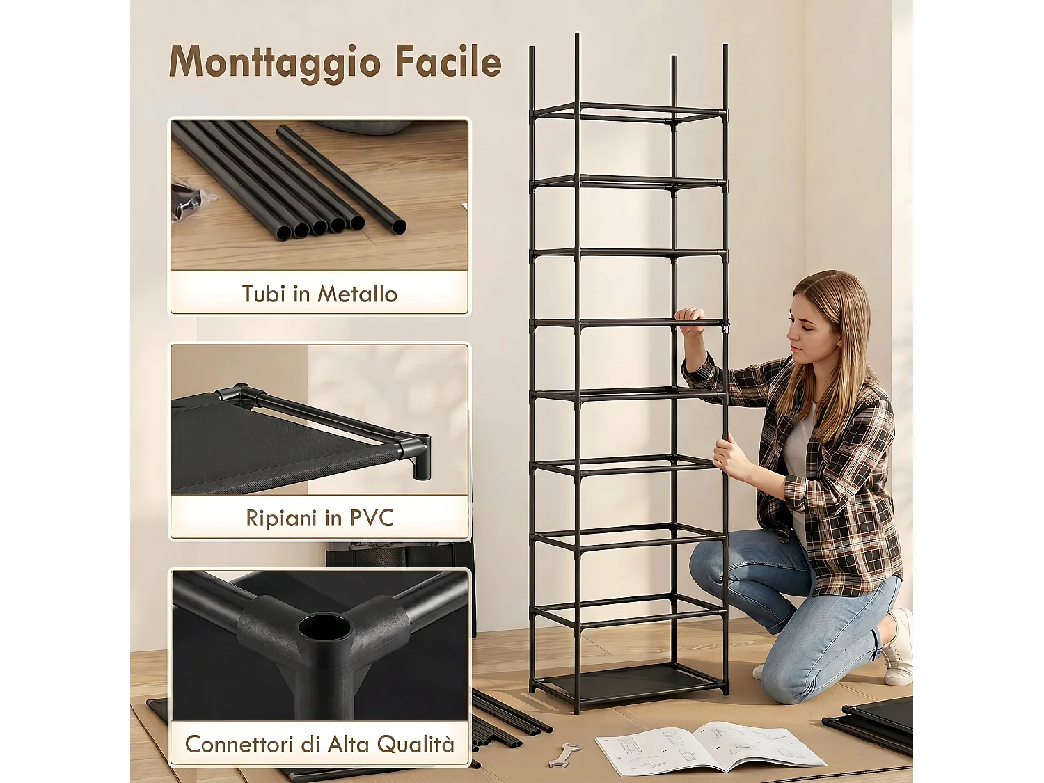 Scarpiera con 10 ripiani in metallo nero