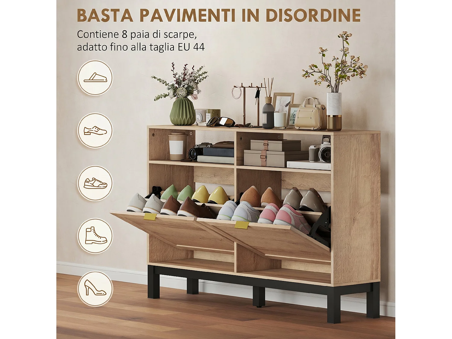 Scarpiera salvaspazio slim con 2 ante a ribalta per 8 paia color noce