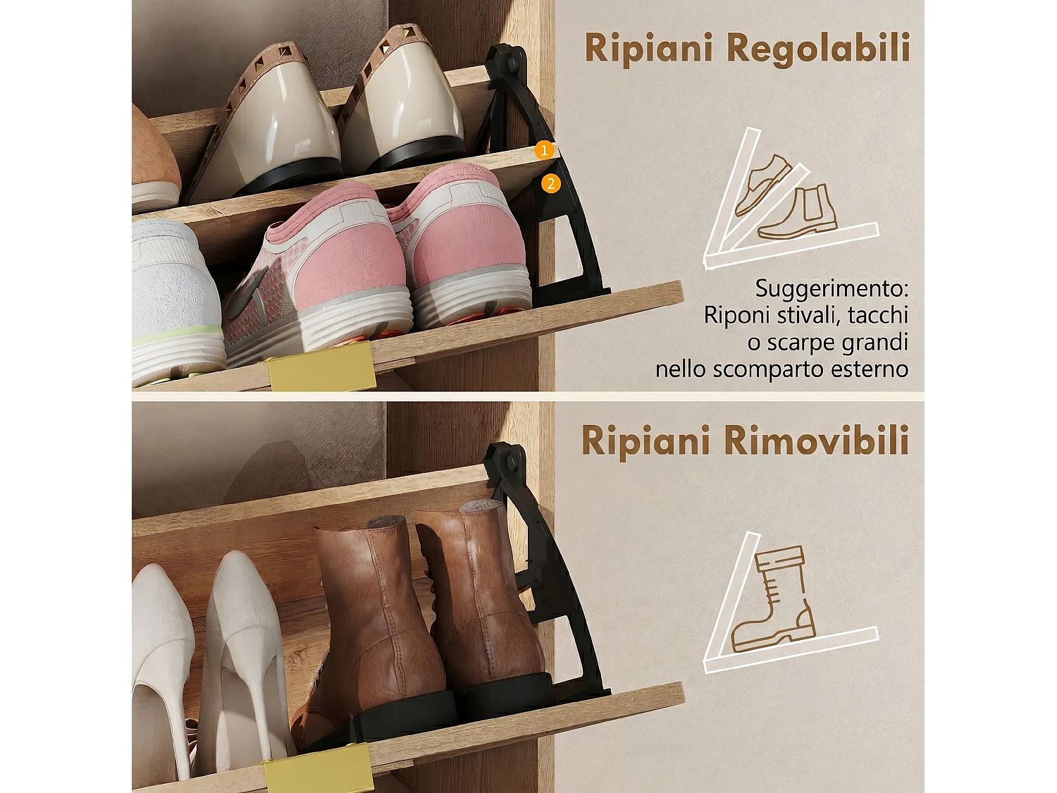 Scarpiera salvaspazio slim con 2 ante a ribalta per 8 paia color noce