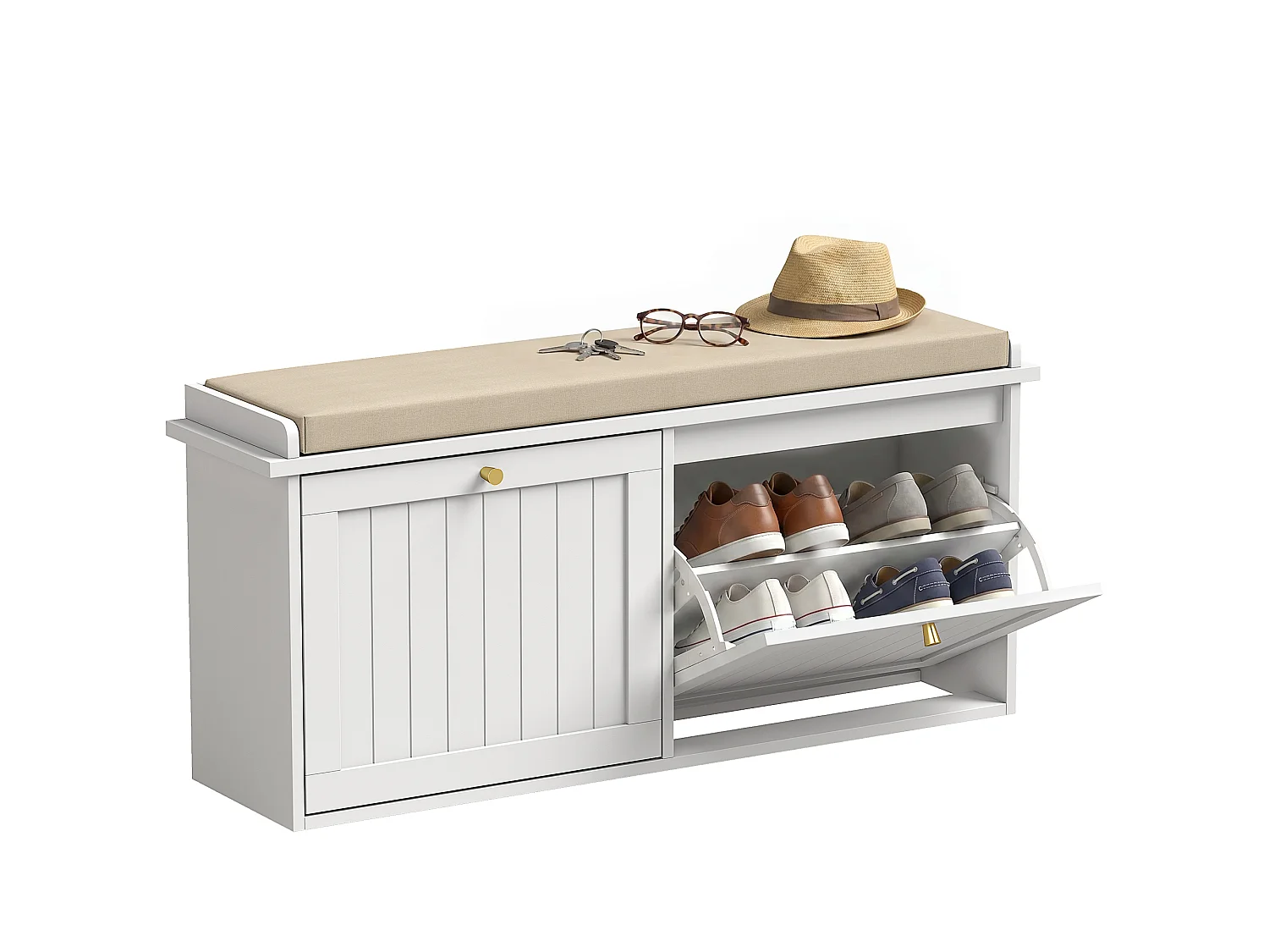 Panca portascarpe con cuscino e cassetti in legno bianco