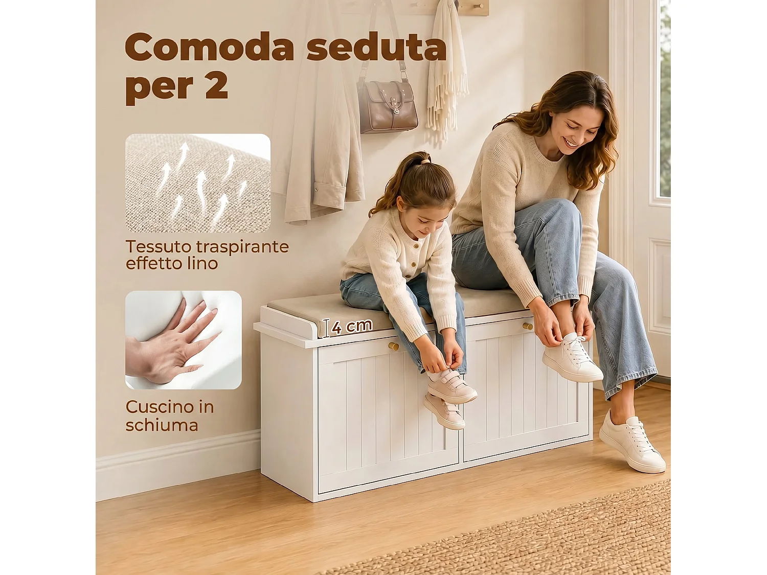 Panca portascarpe con cuscino e cassetti in legno bianco