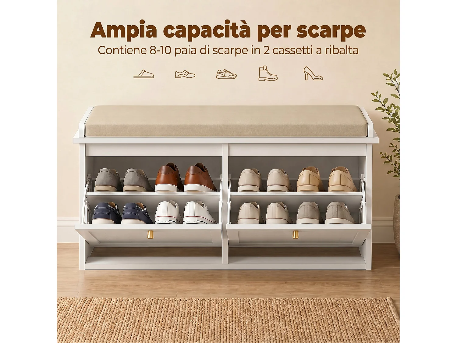 Panca portascarpe con cuscino e cassetti in legno bianco