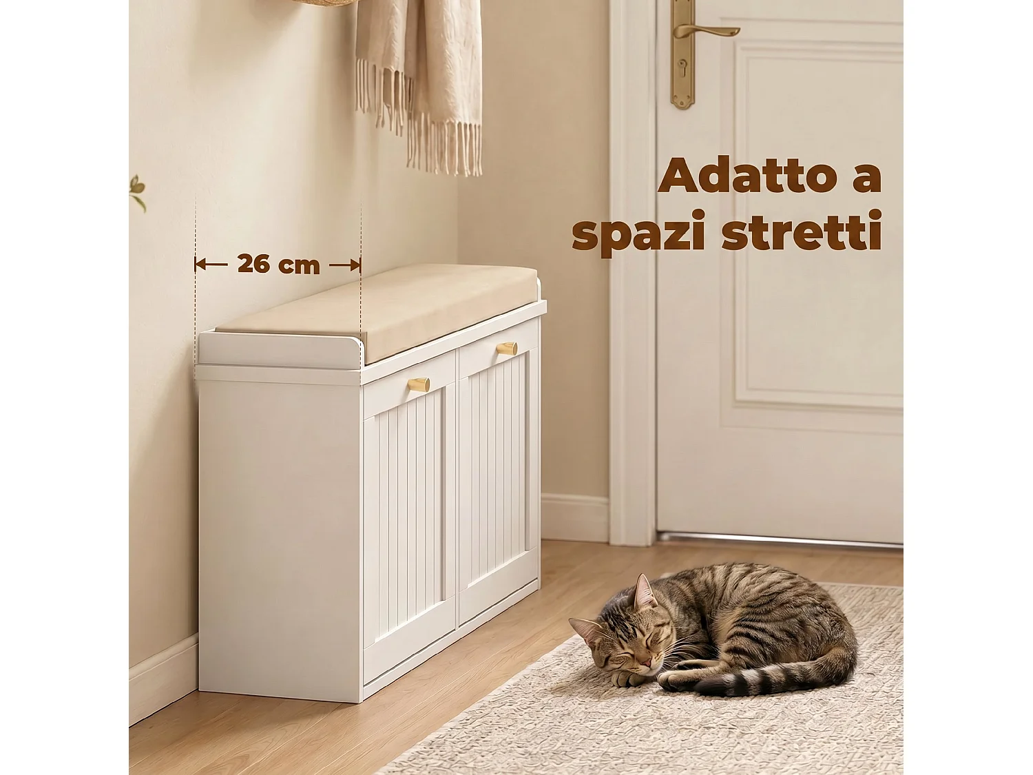 Panca portascarpe con cuscino e cassetti in legno bianco