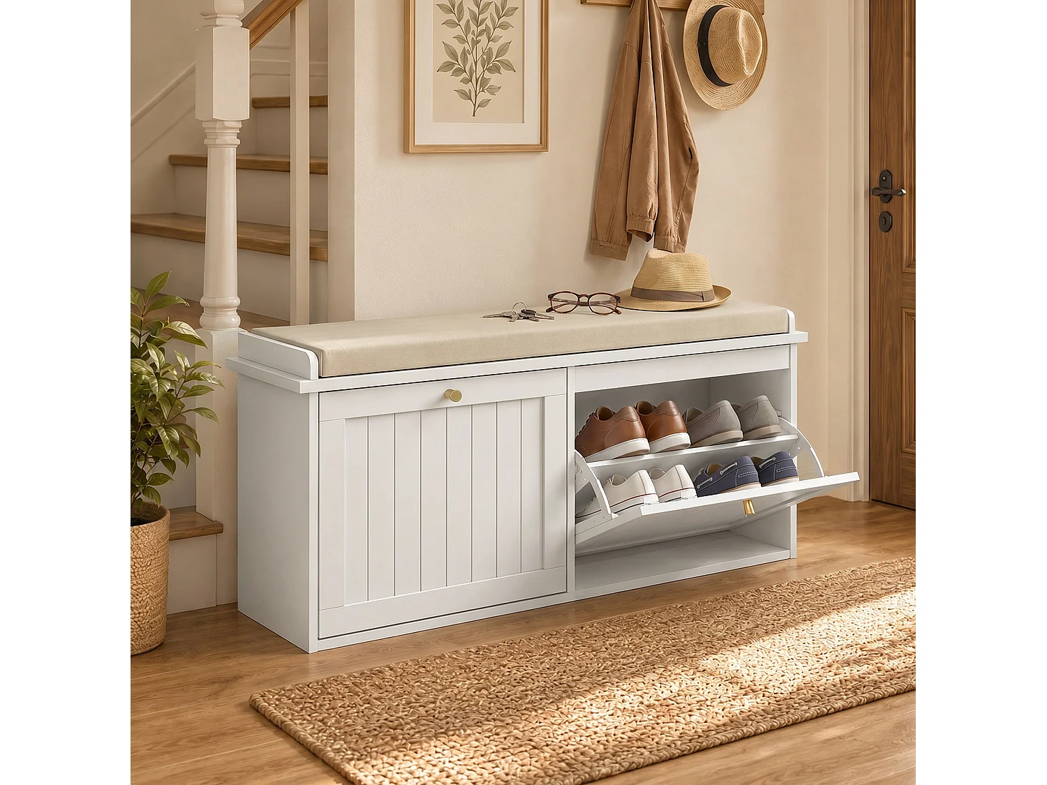 Panca portascarpe con cuscino e cassetti in legno bianco