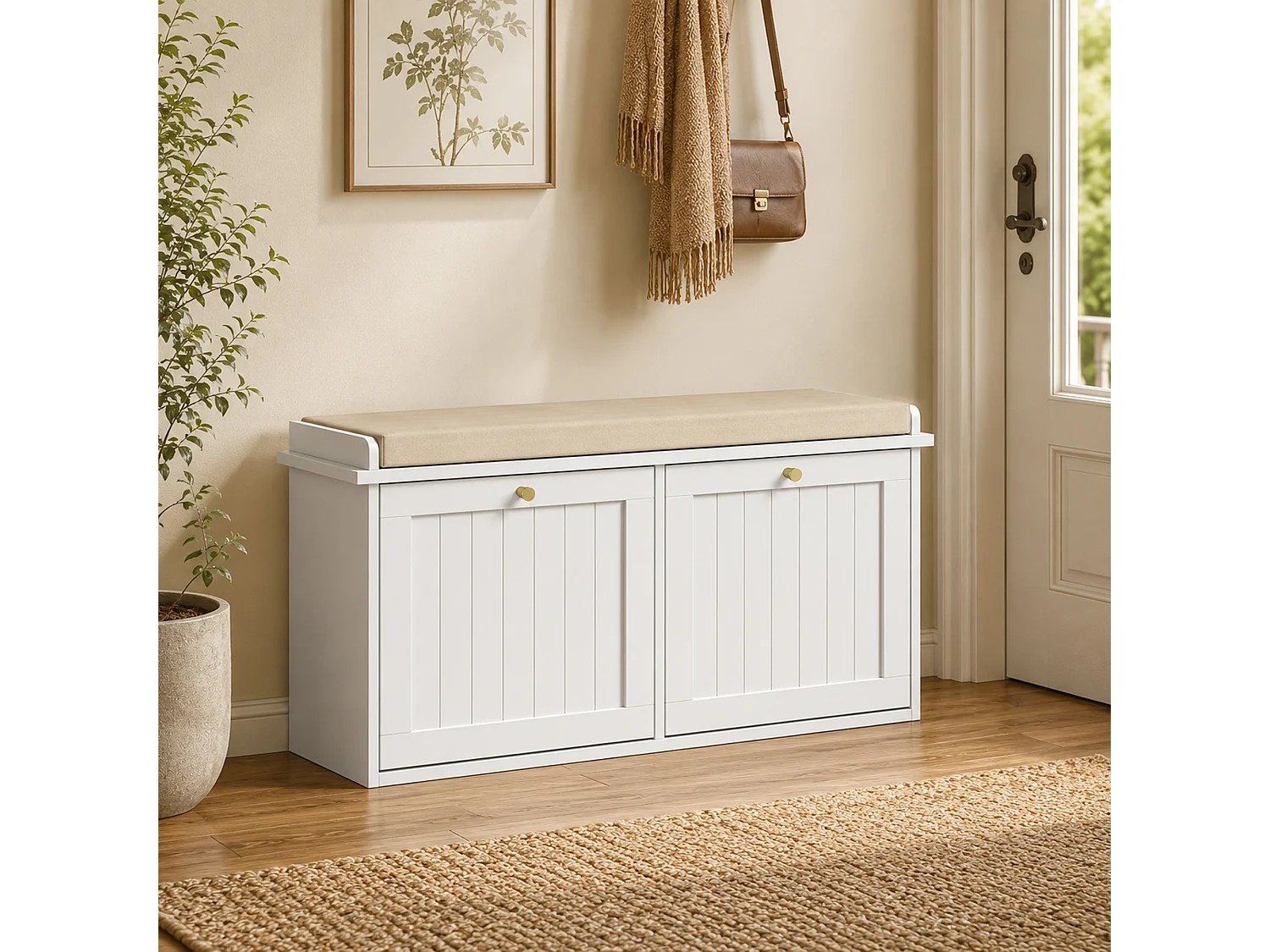 Panca portascarpe con cuscino e cassetti in legno bianco