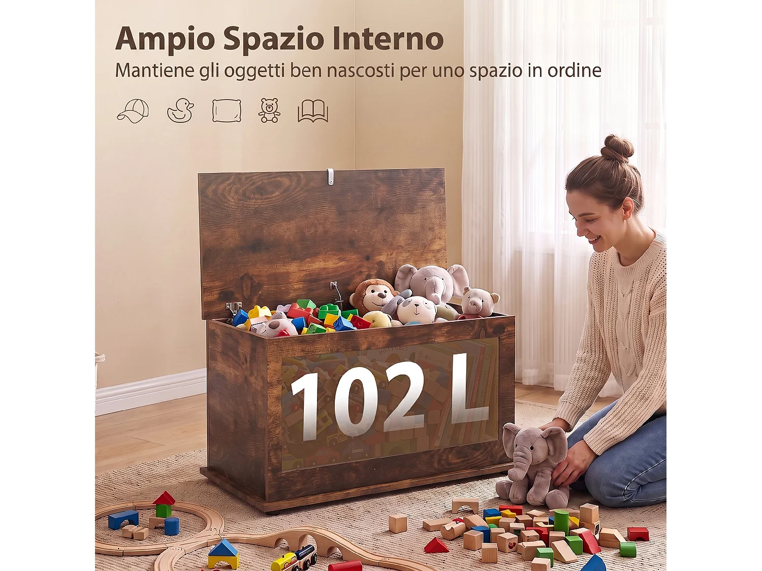 Cassapanca con coperchio di sicurezza, baule da 102l, marrone