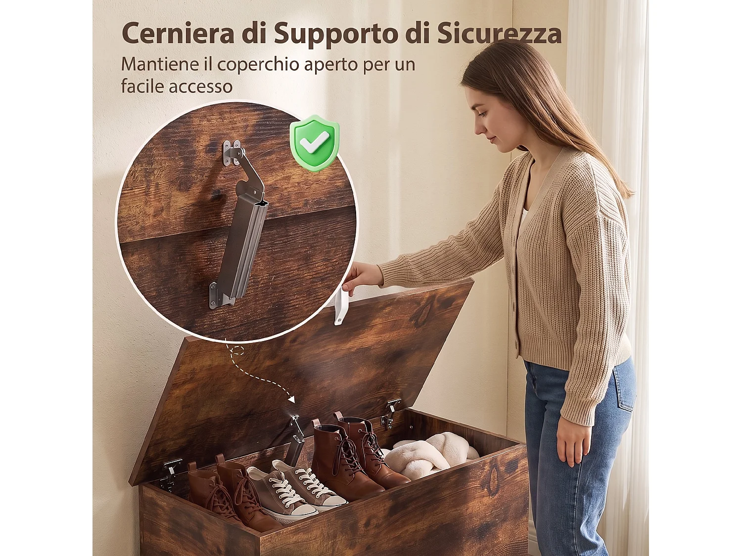 Cassapanca con coperchio di sicurezza, baule da 102l, marrone